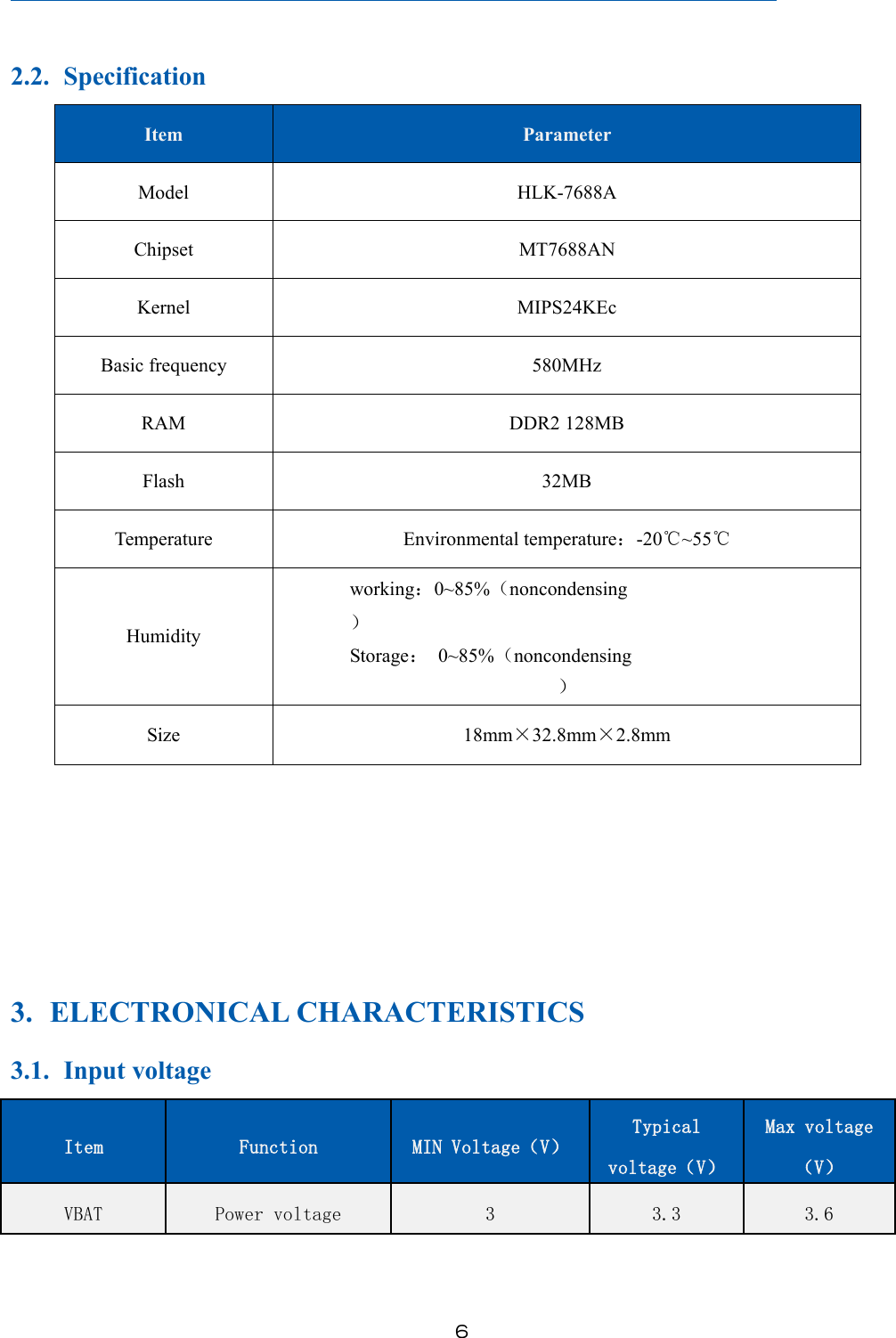 ６2.2. SpecificationItem ParameterModel HLK-7688AChipset MT7688ANKernel MIPS24KEcBasic frequency 580MHzRAM DDR2 128MBFlash 32MBTemperature Environmental temperature：-20℃~55℃Humidityworking：0~85%（noncondensing）Storage：0~85%（noncondensing）Size 18mm×32.8mm×2.8mm3. ELECTRONICAL CHARACTERISTICS3.1. Input voltageItem Function MIN Voltage（V）Typicalvoltage（V）Max voltage（V）VBAT Power voltage 3 3.3 3.6