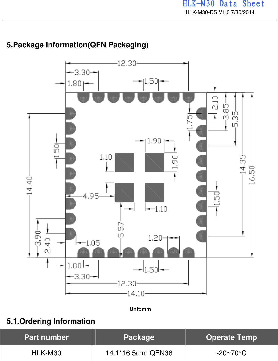                                                                 HLK-M30 Data Sheet                                             HLK-M30-DS V1.0 7/30/2014    5.Package Information(QFN Packaging)  Unit:mm 5.1.Ordering Information Part number  Package  Operate Temp HLK-M30 14.1*16.5mm QFN38 -20~70°C 