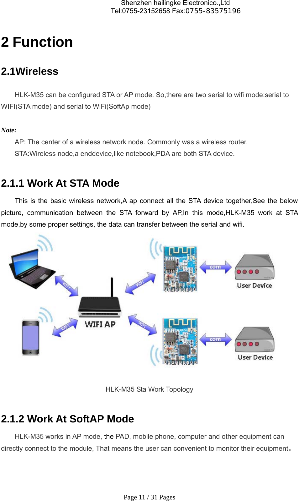                                    Shenzhen hailingke Electronico.,Ltd                                  Tel:0755-23152658 Fax:0755-83575196   Page 11 / 31 Pages 2 Function 2.1Wireless HLK-M35 can be configured STA or AP mode. So,there are two serial to wifi mode:serial to WIFI(STA mode) and serial to WiFi(SoftAp mode)  Note: AP: The center of a wireless network node. Commonly was a wireless router. STA:Wireless node,a enddevice,like notebook,PDA are both STA device.  2.1.1 Work At STA Mode This is the basic wireless network,A ap connect all the STA device together,See the below picture, communication between the STA forward by AP,In this mode,HLK-M35 work at STA mode,by some proper settings, the data can transfer between the serial and wifi.   HLK-M35 Sta Work Topology  2.1.2 Work At SoftAP Mode HLK-M35 works in AP mode, the PAD, mobile phone, computer and other equipment can directly connect to the module, That means the user can convenient to monitor their equipment。 