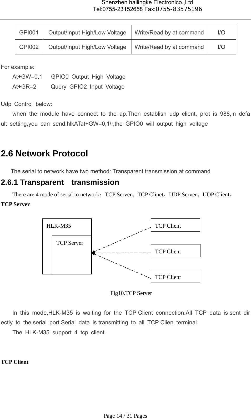                                    Shenzhen hailingke Electronico.,Ltd                                  Tel:0755-23152658 Fax:0755-83575196   Page 14 / 31 Pages GPI001  Output/Input High/Low Voltage  Write/Read by at command  I/O GPI002  Output/Input High/Low Voltage  Write/Read by at command  I/O  For example: At+GW=0,1   GPIO0 Output High Voltage At+GR=2     Query GPIO2 Input Voltage  Udp Control below: when the module have connect to the ap.Then establish udp client, prot is 988,in default setting,you can send:hlkATat+GW=0,1\r,the GPIO0 will output high voltage  2.6 Network Protocol      The serial to network have two method: Transparent transmission,at command 2.6.1 Transparent  transmission There are 4 mode of serial to network：TCP Server、TCP Clinet、UDP Server、UDP Client。 TCP Server  Fig10.TCP Server  In this mode,HLK-M35 is waiting for the TCP Client connection.All TCP data is sent directly to the serial port.Serial data is transmitting to all TCP Clien terminal. The HLK-M35 support 4 tcp client.   TCP Client HLK-M35 TCP Server TCP Client TCP Client TCP Client 