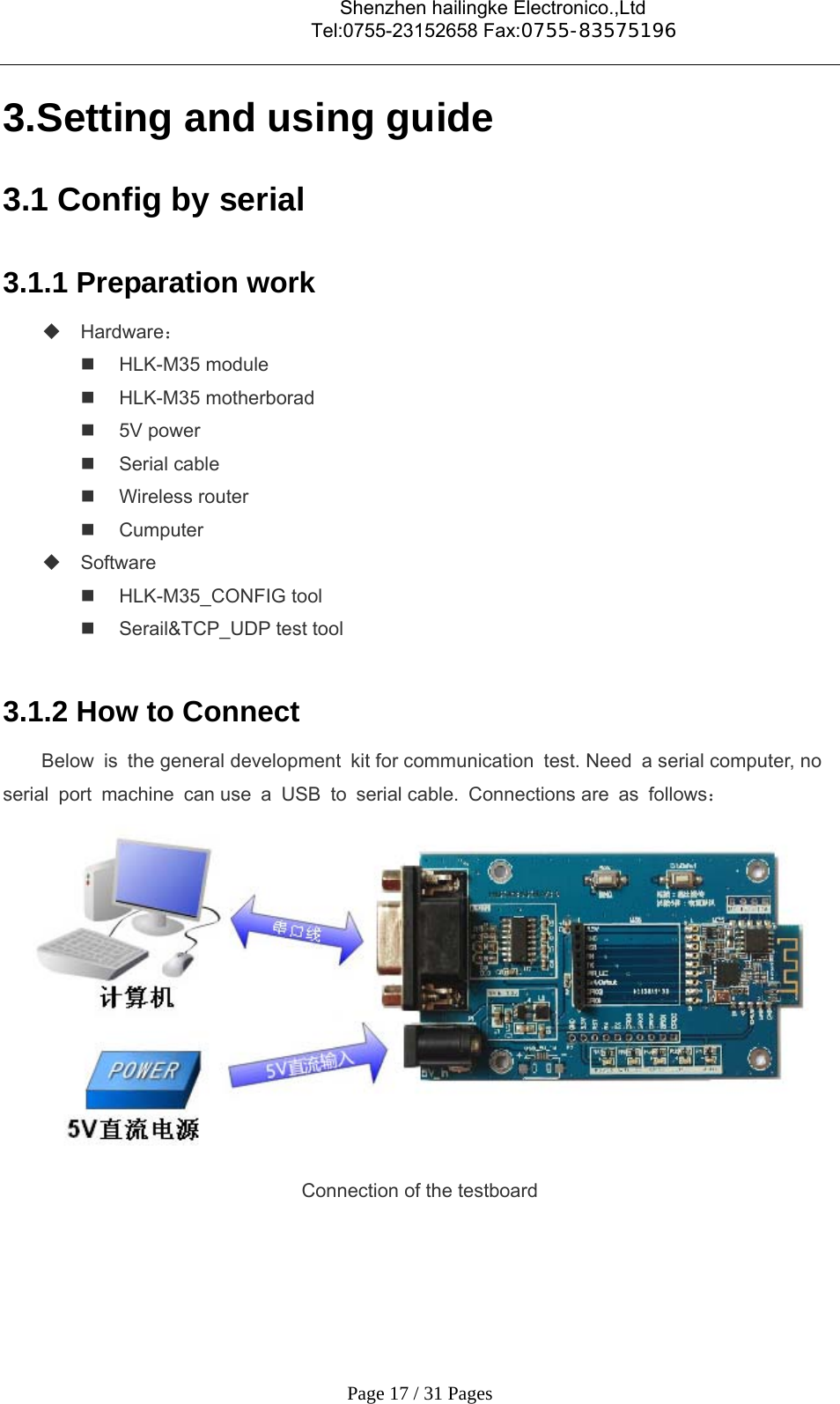                                    Shenzhen hailingke Electronico.,Ltd                                  Tel:0755-23152658 Fax:0755-83575196   Page 17 / 31 Pages 3.Setting and using guide 3.1 Config by serial   3.1.1 Preparation work  Hardware：  HLK-M35 module  HLK-M35 motherborad  5V power  Serial cable   Wireless router  Cumputer  Software  HLK-M35_CONFIG tool  Serail&amp;TCP_UDP test tool  3.1.2 How to Connect   Below is the general development kit for communication test. Need a serial computer, no  serial port machine can use a USB to serial cable. Connections are as follows：  Connection of the testboard 