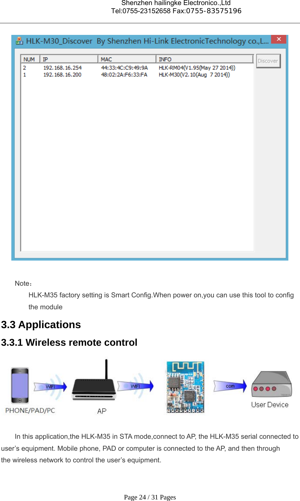                                    Shenzhen hailingke Electronico.,Ltd                                  Tel:0755-23152658 Fax:0755-83575196   Page 24 / 31 Pages   Note： HLK-M35 factory setting is Smart Config.When power on,you can use this tool to config the module 3.3 Applications 3.3.1 Wireless remote control  In this application,the HLK-M35 in STA mode,connect to AP, the HLK-M35 serial connected to user’s equipment. Mobile phone, PAD or computer is connected to the AP, and then through the wireless network to control the user’s equipment.   