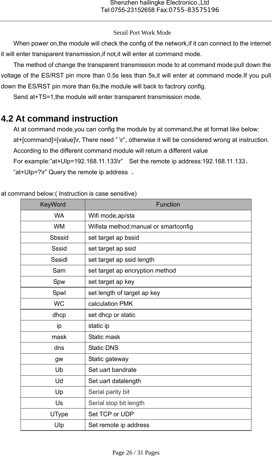                                    Shenzhen hailingke Electronico.,Ltd                                  Tel:0755-23152658 Fax:0755-83575196   Page 26 / 31 Pages Serail Port Work Mode When power on,the module will check the config of the network,if it can connect to the internet it will enter transparent transmission,if not,it will enter at command mode. The method of change the transparent transmission mode to at command mode:pull down the voltage of the ES/RST pin more than 0.5s less than 5s,it will enter at command mode.If you pull down the ES/RST pin more than 6s,the module will back to factrory config. Send at+TS=1,the module will enter transparent transmission mode.  4.2 At command instruction At at command mode,you can config the module by at command,the at format like below: at+[command]=[value]\r, There need ” \r”, otherwise it will be considered wrong at instruction. According to the different command module will return a different value   For example:”at+UIp=192.168.11.133\r”    Set the remote ip address:192.168.11.133。 ”at+UIp=?\r” Query the remote ip address  。  at command below:( Instruction is case sensitive) KeyWord  Function WA Wifi mode,ap/sta WM  Wifista method:manual or smartconfig Sbssid  set target ap bssid Sssid  set target ap ssid Sssidl  set target ap ssid length Sam  set target ap encryption method Spw  set target ap key Spwl  set length of target ap key WC  calculation PMK dhcp  set dhcp or static ip static ip mask Static mask  dns Static DNS gw Static gateway Ub  Set uart bandrate Ud  Set uart datalength Up  Serial parity bit Us  Serial stop bit length UType Set TCP or UDP UIp  Set remote ip address 