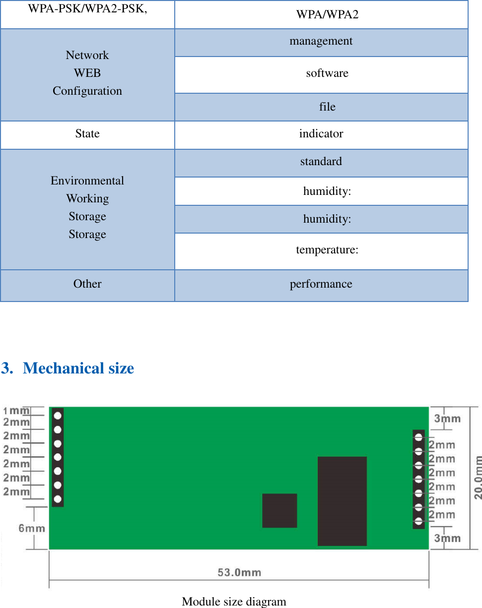 WPA-PSK/WPA2-PSK,  WPA/WPA2 Network WEB Configuration management software file State  indicator Environmental Working Storage Storage standard humidity: humidity: temperature: Other  performance   3. Mechanical size  Module size diagram       