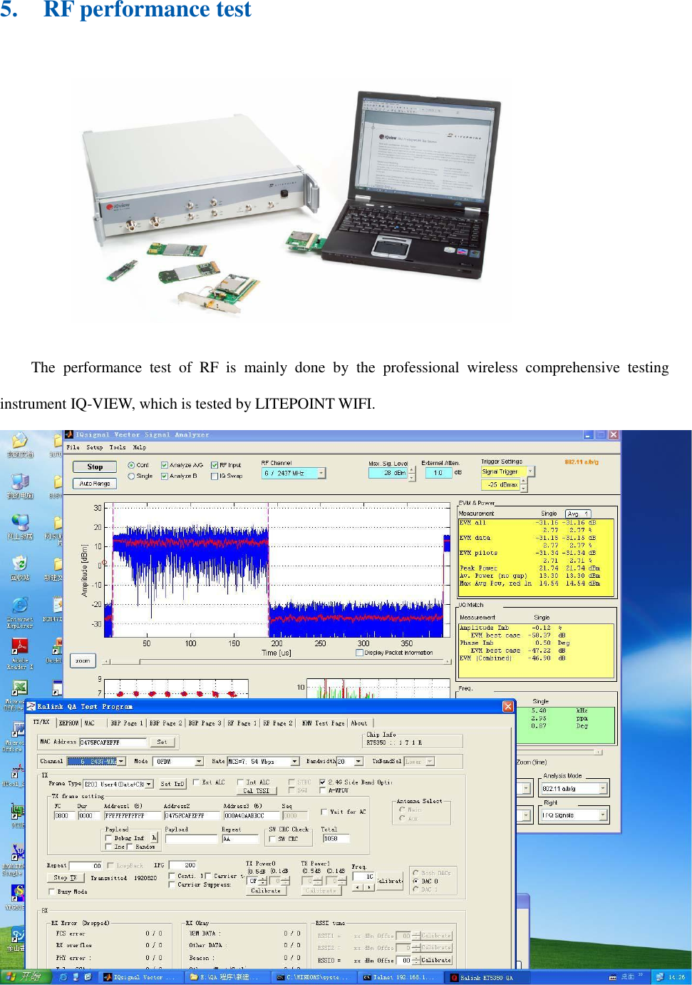 5.   RF performance test   The  performance  test  of  RF  is  mainly  done  by  the  professional  wireless  comprehensive  testing instrument IQ-VIEW, which is tested by LITEPOINT WIFI.  