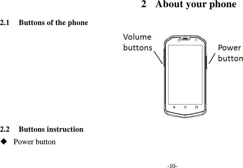 -10-      2 About your phone 2.1 Buttons of the phone                                    2.2 Buttons instruction  Power button 