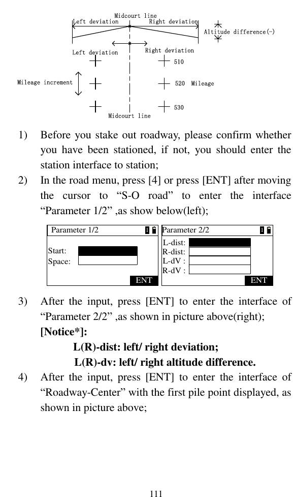   111 Left deviation Right deviation520  Mileage510 530Mileage incrementAltitude difference(-) Midcourt lineMidcourt lineLeft deviation Right deviation 1) Before you stake out roadway, please confirm whether you  have  been  stationed,  if  not,  you  should  enter  the station interface to station; 2) In the road menu, press [4] or press [ENT] after moving the  cursor  to  “S-O  road”  to  enter  the  interface “Parameter 1/2” ,as show below(left); Parameter 1/2Start:ENTSpace:1Parameter 2/2ENT1L-dist:R-dist:L-dV :R-dV : 3) After  the  input,  press  [ENT]  to  enter  the  interface  of “Parameter 2/2” ,as shown in picture above(right); [Notice*]: L(R)-dist: left/ right deviation;          L(R)-dv: left/ right altitude difference. 4) After  the  input,  press  [ENT]  to  enter  the  interface  of “Roadway-Center” with the first pile point displayed, as shown in picture above; 