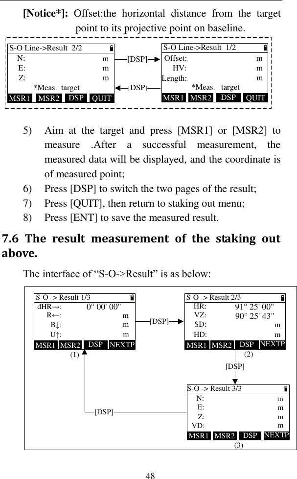   48 [Notice*]:  Offset:the  horizontal  distance  from  the  target point to its projective point on baseline. [DSP][DSP]MSR1 QUITDSPMSR2S-O Line-&gt;Result  2/2mmmE:N:Z:MSR1 QUITDSPMSR2S-O Line-&gt;Result  1/2mmm*Meas.  targetOffset:HV:Length: *Meas.   target 5) Aim  at  the  target  and  press  [MSR1]  or  [MSR2]  to measure  .After  a  successful  measurement,  the measured data will be displayed, and the coordinate is of measured point; 6) Press [DSP] to switch the two pages of the result; 7) Press [QUIT], then return to staking out menu; 8) Press [ENT] to save the measured result. 7.6  The  result  measurement  of  the  staking  out above. The interface of “S-O-&gt;Result” is as below: MSR1 DSPMSR2 MSR1 DSPMSR2MSR1 NEXTPDSPMSR2S-O -&gt; Result 1/3mR←:dHR→:B↓:mU↑:0° 00&apos; 00&quot;mS-O -&gt; Result 2/3VZ:HR:SD:mHD:91° 25&apos; 00&quot;m90° 25&apos; 43&quot;S-O -&gt; Result 3/3mmmm(1) (2)(3)[DSP][DSP][DSP] E:N:Z:VD:NEXTPNEXTP