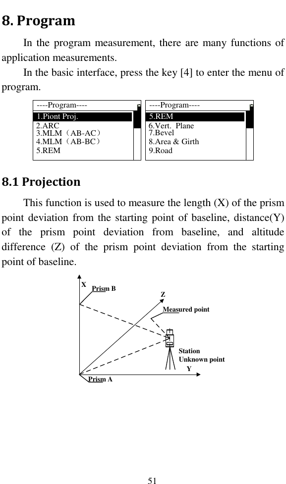   51 8. Program In the program  measurement, there are many functions of application measurements. In the basic interface, press the key [4] to enter the menu of program. ----Program----1.Piont Proj.  3.MLM（AB-AC）2.ARC4.MLM（AB-BC）5.REM----Program----5.REM7.Bevel6.Vert.  Plane8.Area &amp; Girth9.Road 8.1 Projection This function is used to measure the length (X) of the prism point deviation from the starting point of baseline, distance(Y) of  the  prism  point  deviation  from  baseline,  and  altitude difference  (Z)  of  the  prism  point  deviation  from  the  starting point of baseline. XYStationUnknown pointZMeasured pointPrism BPrism A 