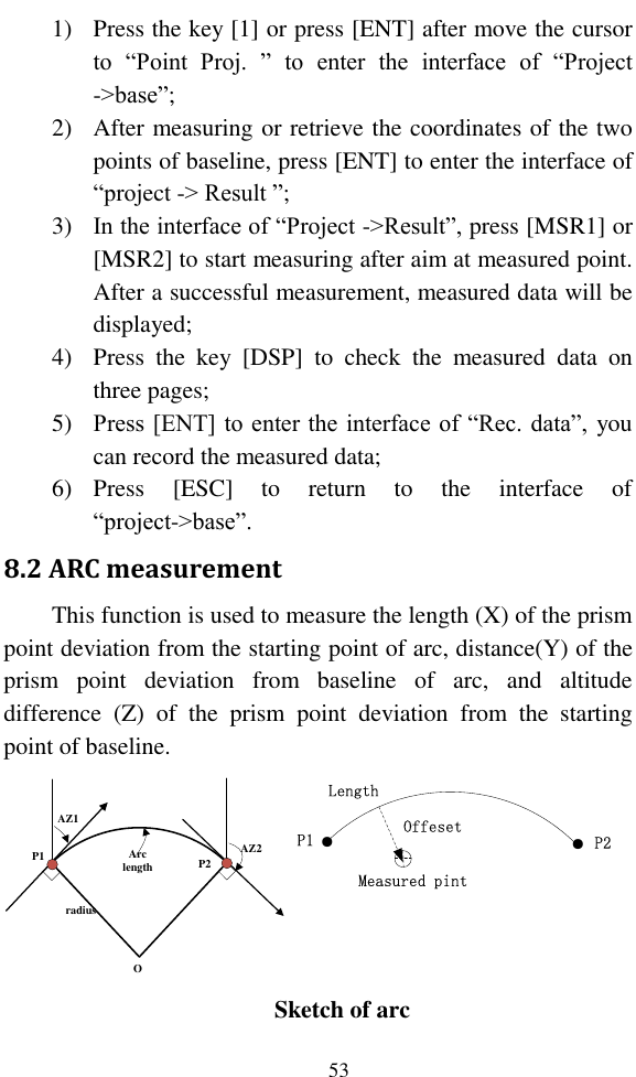   53 1) Press the key [1] or press [ENT] after move the cursor to  “Point  Proj.  ”  to  enter  the  interface  of  “Project -&gt;base”; 2) After measuring or retrieve the coordinates of the two points of baseline, press [ENT] to enter the interface of “project -&gt; Result ”; 3) In the interface of “Project -&gt;Result”, press [MSR1] or [MSR2] to start measuring after aim at measured point. After a successful measurement, measured data will be displayed; 4) Press  the  key  [DSP]  to  check  the  measured  data  on three pages; 5) Press [ENT] to enter the interface of “Rec. data”, you can record the measured data; 6) Press  [ESC]  to  return  to  the  interface  of “project-&gt;base”. 8.2 ARC measurement This function is used to measure the length (X) of the prism point deviation from the starting point of arc, distance(Y) of the prism  point  deviation  from  baseline  of  arc,  and  altitude difference  (Z)  of  the  prism  point  deviation  from  the  starting point of baseline.   P1 P2AZ1radiusArc lengthAZ2O●●P1 P2Measured pintOffesetLength Sketch of arc 