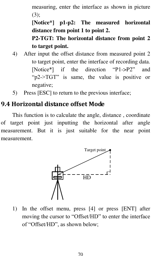   70 measuring, enter the interface as shown in picture (3); [Notice*]  p1-p2:  The  measured  horizontal distance from point 1 to point 2. P2-TGT:  The  horizontal distance from point 2 to target point. 4) After input the offset distance from measured point 2 to target point, enter the interface of recording data. [Notice*]  if  the  direction  “P1-&gt;P2”  and “p2-&gt;TGT”  is  same,  the  value  is  positive  or negative; 5) Press [ESC] to return to the previous interface; 9.4 Horizontal distance offset Mode This function is to calculate the angle, distance , coordinate of  target  point  just  inputting  the  horizontal  after  angle measurement.  But  it  is  just  suitable  for  the  near  point measurement. HDTarget point 1) In  the  offset  menu,  press  [4]  or  press  [ENT]  after moving the cursor to “Offset/HD” to enter the interface of “Offset/HD”, as shown below; 