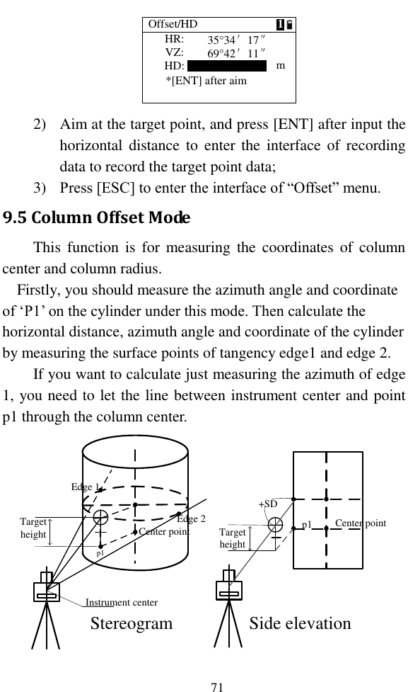   71 HR:VZ:HD:*[ENT] after aimOffset/HD 135°34′17″69°42′11″m 2) Aim at the target point, and press [ENT] after input the horizontal distance to enter the interface of  recording data to record the target point data; 3) Press [ESC] to enter the interface of “Offset” menu. 9.5 Column Offset Mode This  function  is  for  measuring the coordinates of  column center and column radius. Firstly, you should measure the azimuth angle and coordinate of ‘P1’ on the cylinder under this mode. Then calculate the horizontal distance, azimuth angle and coordinate of the cylinder by measuring the surface points of tangency edge1 and edge 2. If you want to calculate just measuring the azimuth of edge 1, you need to let the line between instrument center and point p1 through the column center. Edge 2Center point p1Stereogramp1 Center pointTarget height+SD Side elevationInstrument center Target heightEdge 1 