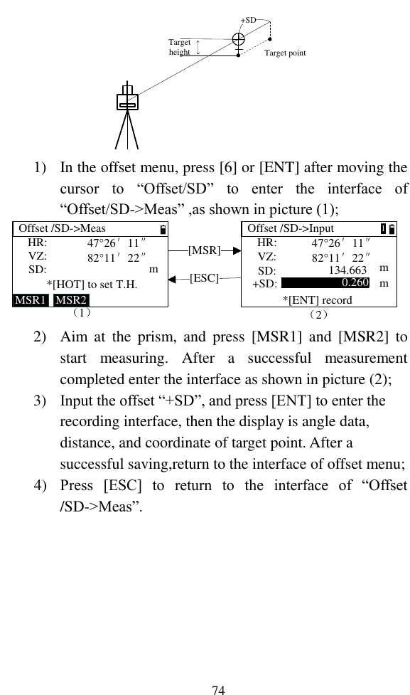   74 Target height Target point+SD 1) In the offset menu, press [6] or [ENT] after moving the cursor  to  “Offset/SD”  to  enter  the  interface  of “Offset/SD-&gt;Meas” ,as shown in picture (1); HR:VZ:SD:*[HOT] to set T.H.Offset /SD-&gt;Meas MSR1 MSR2[MSR] HR:VZ:SD:Offset /SD-&gt;Input +SD:（2）*[ENT] record[ESC]47°26′11″82°11′22″mm47°26′11″82°11′22″0.260134.663（1）m1 2) Aim at  the  prism,  and  press  [MSR1]  and  [MSR2]  to start  measuring.  After  a  successful  measurement completed enter the interface as shown in picture (2); 3) Input the offset “+SD”, and press [ENT] to enter the recording interface, then the display is angle data, distance, and coordinate of target point. After a successful saving,return to the interface of offset menu; 4) Press  [ESC]  to  return  to  the  interface  of  “Offset /SD-&gt;Meas”.  