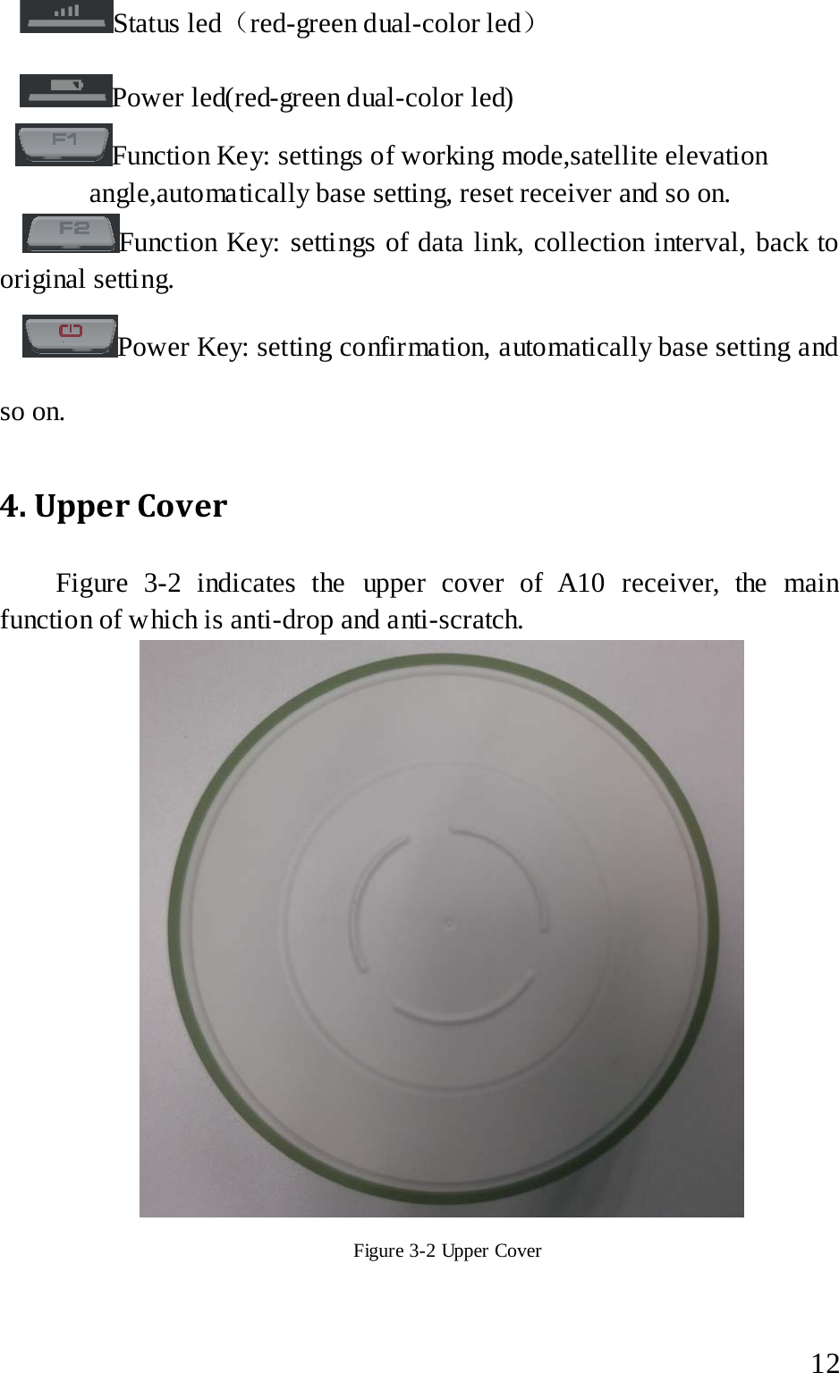  Status led（red-green dual-color led） Power led(red-green dual-color led)  Function Key: settings of working mode,satellite elevation angle,automatically base setting, reset receiver and so on.    Function Key: settings of data link, collection interval, back to original setting.      Power Key: setting confirmation, automatically base setting and so on.   4. Upper Cover   Figure 3-2  indicates the upper cover of A10 receiver, the main function of which is anti-drop and anti-scratch.       Figure 3-2 Upper Cover  12 