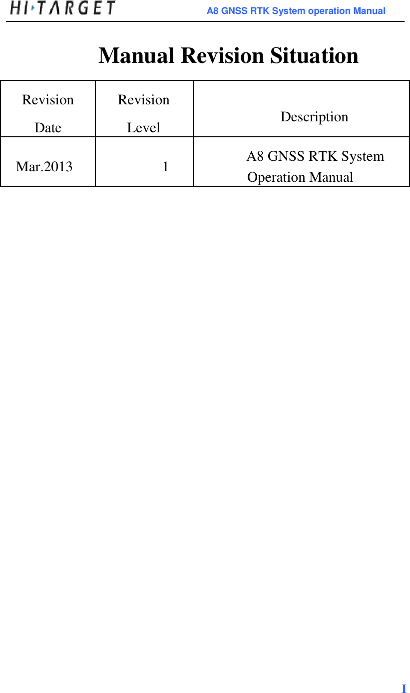 A8 GNSS RTK System operation Manual Manual Revision Situation Revision  Revision  Description Date Level Mar.2013  1  A8 GNSS RTK System Operation Manual I 