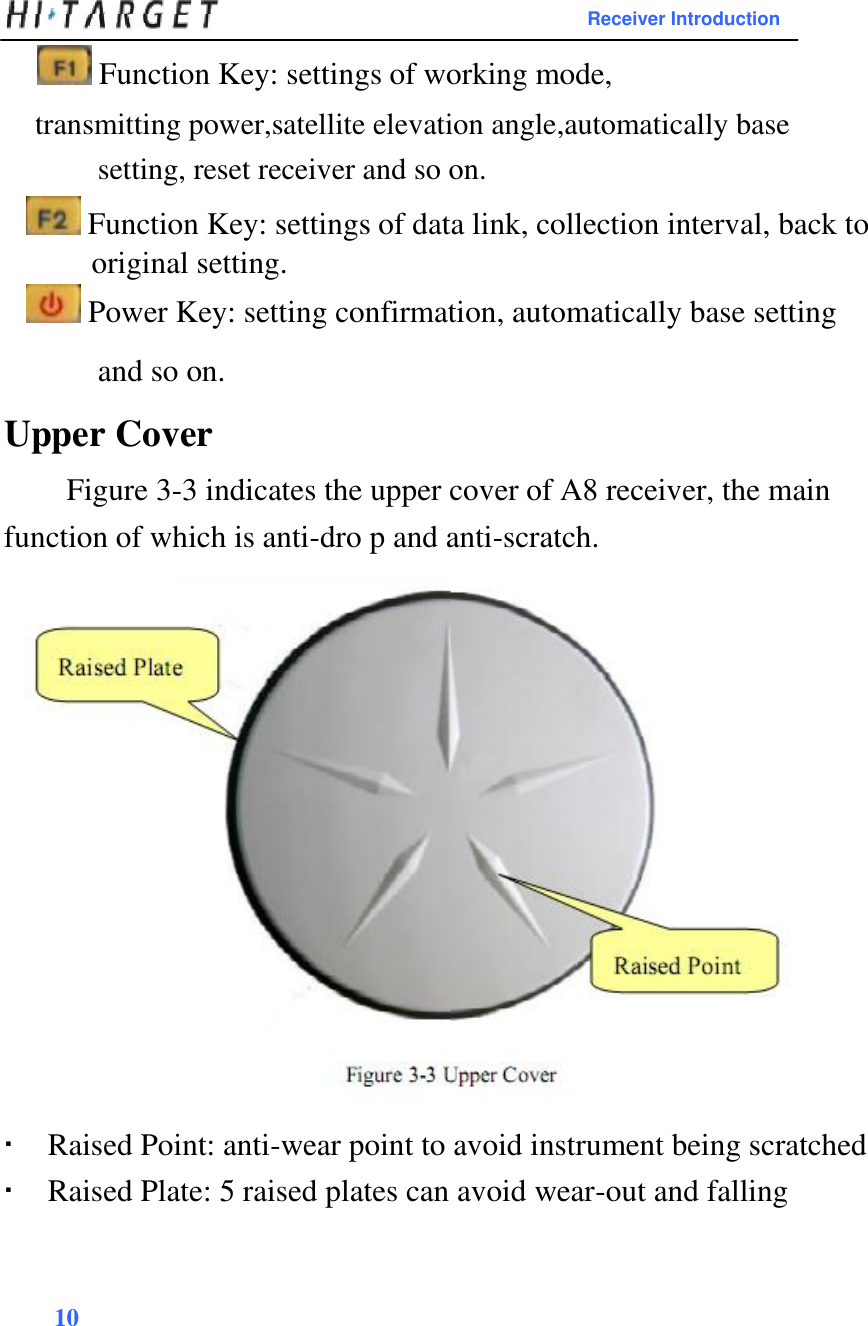 Receiver Introduction   Function Key: settings of working mode,  transmitting power,satellite elevation angle,automatically base setting, reset receiver and so on.   Function Key: settings of data link, collection interval, back to original setting.   Power Key: setting confirmation, automatically base setting and so on.  Upper Cover  Figure 3-3 indicates the upper cover of A8 receiver, the main function of which is anti-dro p and anti-scratch.    Raised Plate              Raised Point    Figure 3-3 U pper Cover    Raised Point: anti-wear point to avoid instrument being scratched Raised Plate: 5 raised plates can avoid wear-out and falling    10   