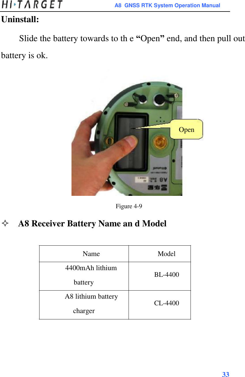 A8  GNSS RTK System Operation Manual  Uninstall:  Slide the battery towards to th e “Open” end, and then pull out battery is ok.          Open            Figure 4-9  A8 Receiver Battery Name an d Model    Name Model  4400mAh lithium  BL-4400 battery  A8 lithium battery  CL-4400 charger          33    