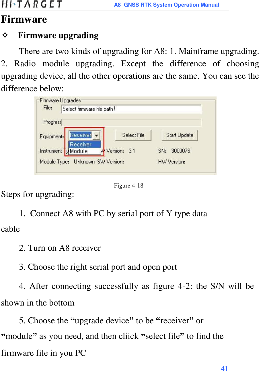  A8  GNSS RTK System Operation Manual  Firmware  Firmware upgrading  There are two kinds of upgrading for A8: 1. Mainframe upgrading. 2.  Radio  module  upgrading.  Except  the  difference  of  choosing upgrading device, all the other operations are the same. You can see the difference below:               Figure 4-18 Steps for upgrading:  1.  Connect A8 with PC by serial port of Y type data  cable  2. Turn on A8 receiver  3. Choose the right serial port and open port  4. After connecting successfully as  figure 4-2:  the S/N will be shown in the bottom  5. Choose the “upgrade device” to be “receiver” or  “module” as you need, and then cliick “select file” to find the firmware file in you PC 41   