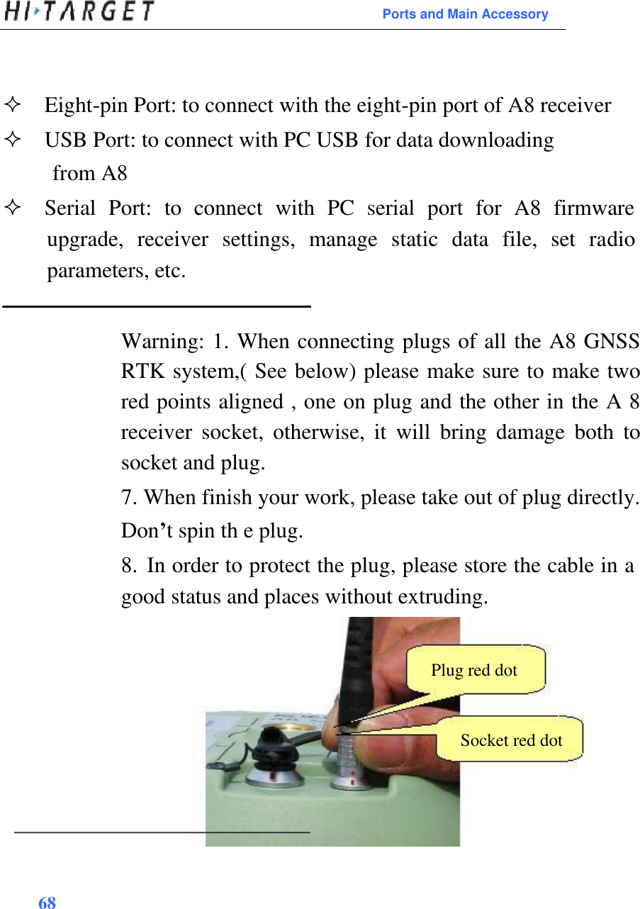  Ports and Main Accessory     Eight-pin Port: to connect with the eight-pin port of A8 receiverUSB Port: to connect with PC USB for data downloading  from A8Serial  Port:  to  connect  with  PC  serial  port  for  A8  firmware upgrade,  receiver  settings,  manage  static  data  file,  set  radio parameters, etc.  Warning: 1. When connecting plugs of all the A8 GNSS RTK system,( See below) please make sure to make two red points aligned , one on plug and the other in the A 8 receiver  socket,  otherwise,  it  will  bring  damage  both  to socket and plug.  7. When finish your work, please take out of plug directly. Don’t spin th e plug.  8. In order to protect the plug, please store the cable in a good status and places without extruding.    Plug red dot    Socket red dot          68    