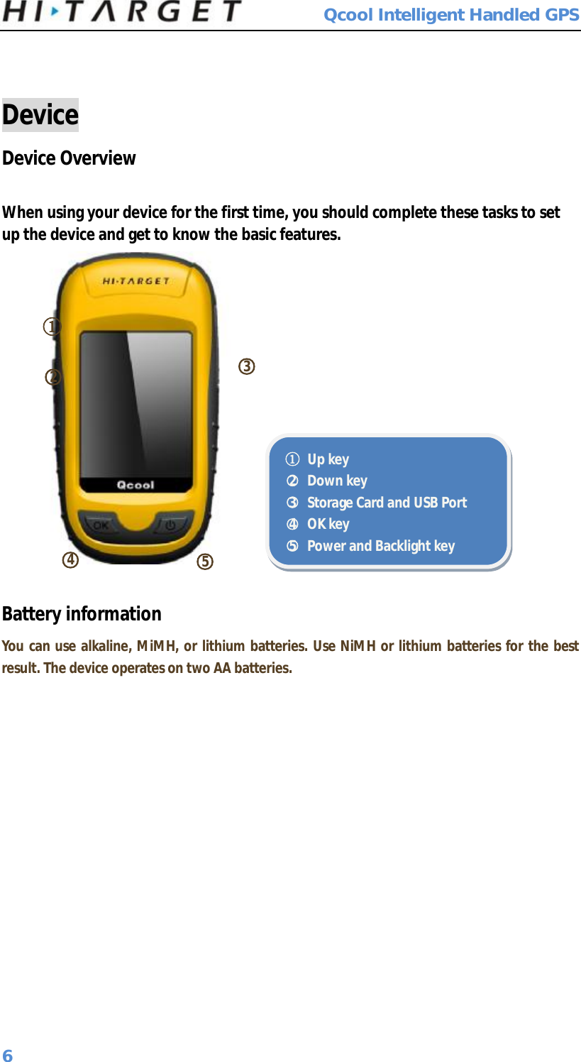  Qcool Intelligent Handled GPS 6  Device  Device Overview  When using your device for the first time, you should complete these tasks to set up the device and get to know the basic features.   Battery information You can use alkaline, MiMH, or lithium batteries. Use NiMH or lithium batteries for the best result. The device operates on two AA batteries. ①○2  ○3 ○5 ○4 ① Up key ○2 Down key ○3 Storage Card and USB Port ○4 OK key ○5 Power and Backlight key 