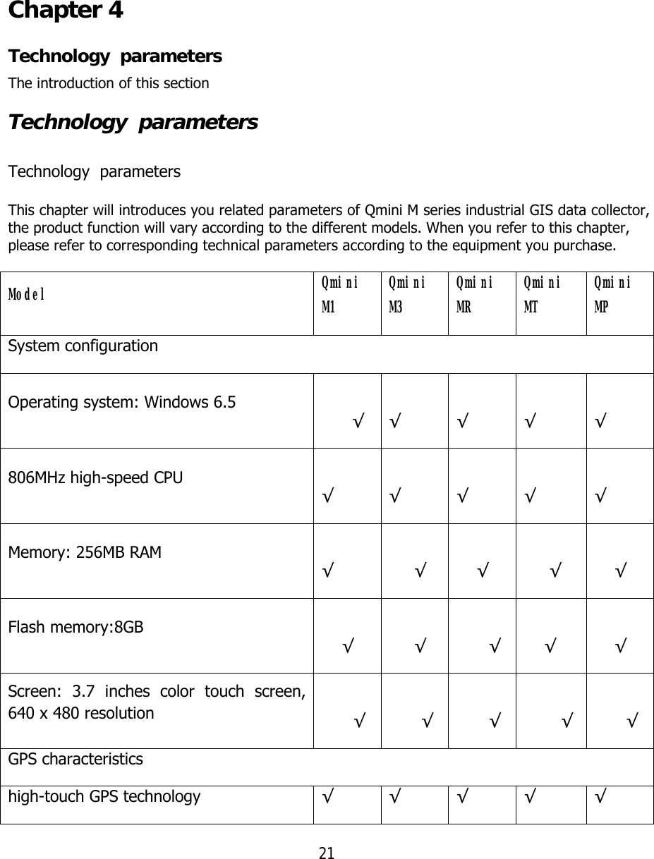 21   Chapter 4 Technology  parameters The introduction of this section Technology  parameters    Technology  parameters  This chapter will introduces you related parameters of Qmini M series industrial GIS data collector, the product function will vary according to the different models. When you refer to this chapter, please refer to corresponding technical parameters according to the equipment you purchase.  Model Qmini M1 Qmini M3 Qmini MR Qmini MT Qmini MP System configuration Operating system: Windows 6.5        √  √  √  √  √ 806MHz high-speed CPU  √  √  √  √  √ Memory: 256MB RAM  √        √      √       √      √ Flash memory:8GB       √       √   √      √      √ Screen: 3.7 inches color touch screen, 640 x 480 resolution   √   √   √   √   √ GPS characteristics high-touch GPS technology  √ √ √ √ √ 