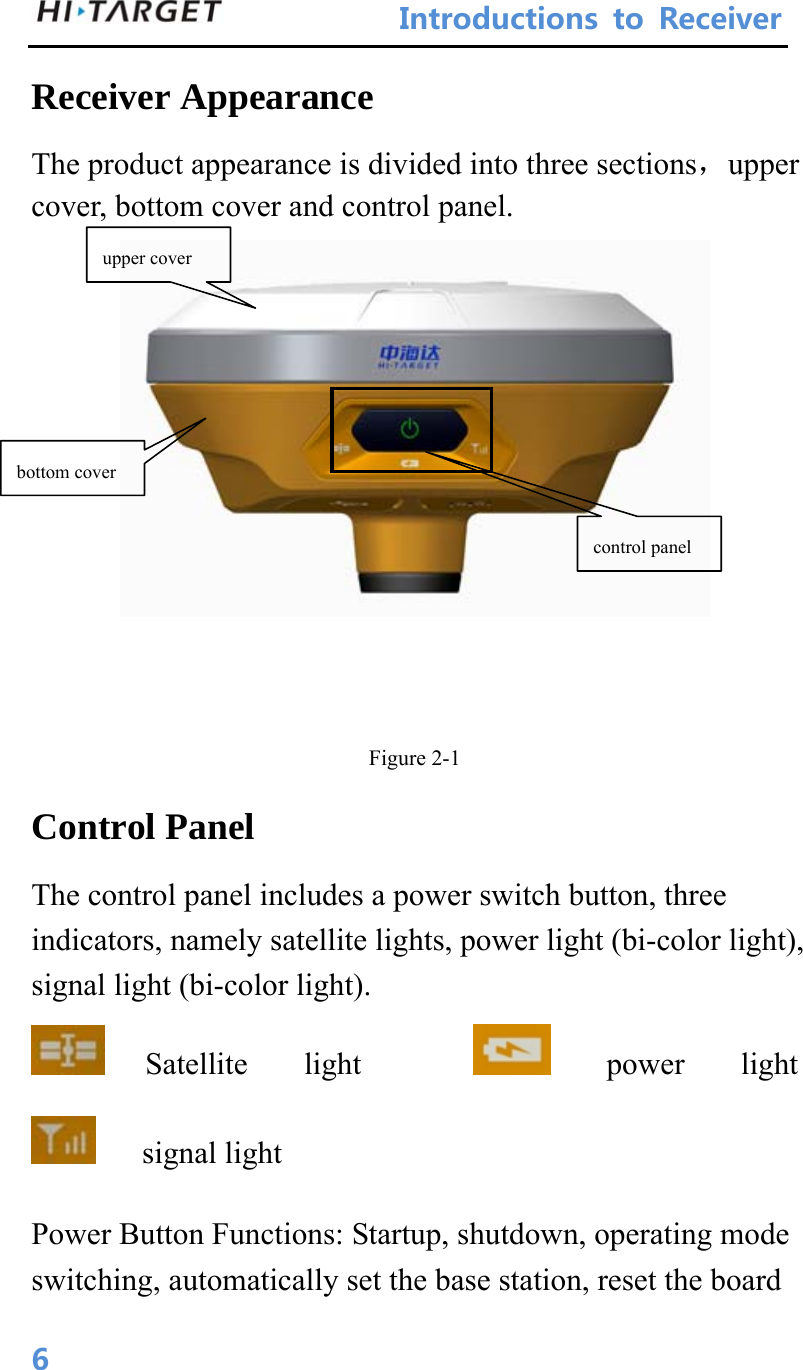 IntroductionstoReceiver 6Receiver Appearance The product appearance is divided into three sections，upper cover, bottom cover and control panel.     Figure 2-1 Control Panel   The control panel includes a power switch button, three indicators, namely satellite lights, power light (bi-color light), signal light (bi-color light). Satellite light    power  light               signal light  Power Button Functions: Startup, shutdown, operating mode switching, automatically set the base station, reset the board upper cover bottom cover control panel 