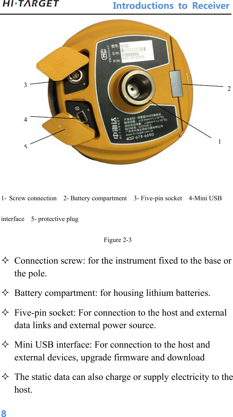 IntroductionstoReceiver 8  1- Screw connection    2- Battery compartment    3- Five-pin socket    4-Mini USB interface  5- protective plug Figure 2-3  Connection screw: for the instrument fixed to the base or the pole.  Battery compartment: for housing lithium batteries.  Five-pin socket: For connection to the host and external data links and external power source.  Mini USB interface: For connection to the host and external devices, upgrade firmware and download    The static data can also charge or supply electricity to the host. 3 4 52 1 