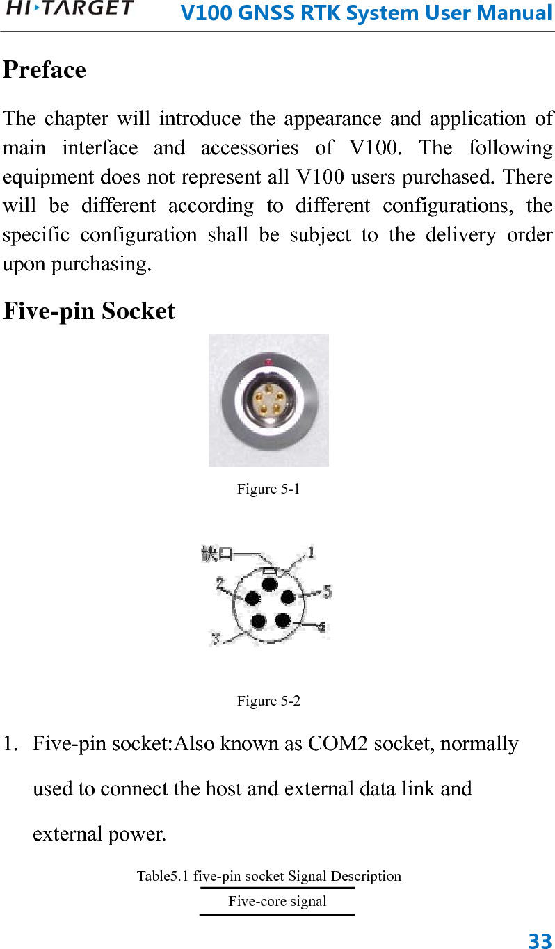      V100GNSSRTKSystemUserManual33Preface The chapter will introduce the appearance and application of main interface and accessories of V100. The following equipment does not represent all V100 users purchased. There will be different according to different configurations, the specific configuration shall be subject to the delivery order upon purchasing.   Five-pin Socket  Figure 5-1  Figure 5-2 1. Five-pin socket:Also known as COM2 socket, normally used to connect the host and external data link and external power. Table5.1 five-pin socket Signal Description Five-core signal 