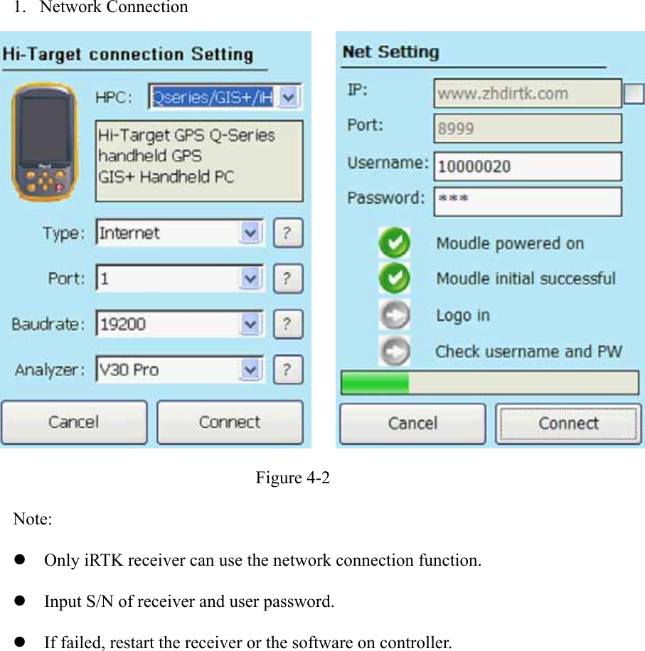  1. Network Connection Figure 4-2 Note:  Only iRTK receiver can use the network connection function.  Input S/N of receiver and user password.  If failed, restart the receiver or the software on controller. 
