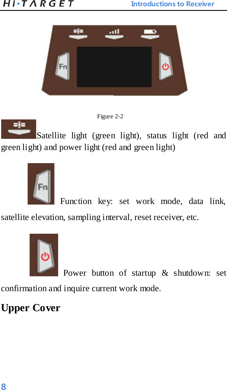                            Introductions to Receiver  Figure 2-2   Satellite light (green light), status light (red and green light) and power light (red and green light)       Function key: set work mode, data link, satellite elevation, sampling interval, reset receiver, etc.    Power button of startup &amp; shutdown: set confirmation and inquire current work mode.   Upper Cover   8 