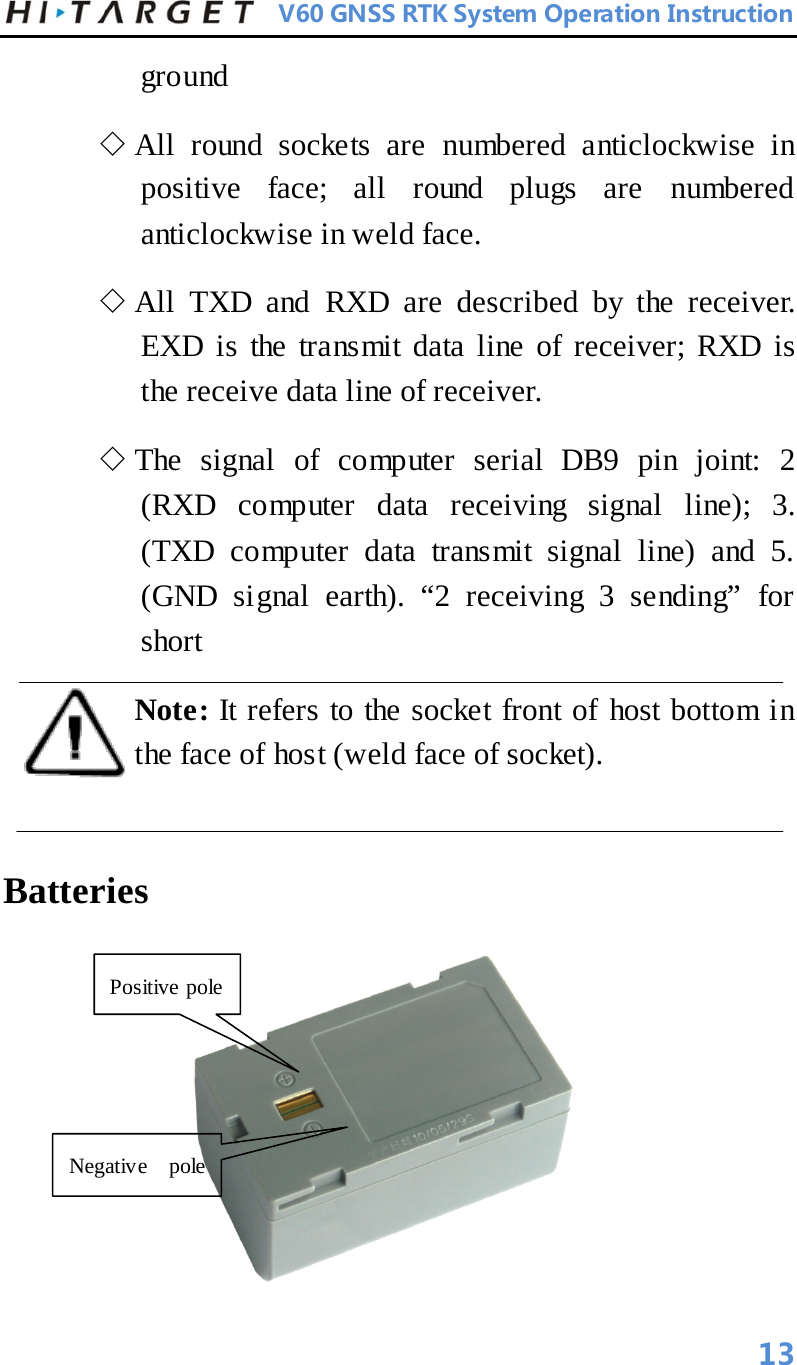          V60 GNSS RTK System Operation Instruction  ground   ◇ All round sockets are numbered anticlockwise in positive face; all round plugs are numbered anticlockwise in weld face.   ◇ All TXD and RXD are described by the receiver. EXD is the transmit data line of receiver; RXD is the receive data line of receiver.   ◇ The signal of computer serial DB9 pin joint: 2 (RXD computer data receiving signal line); 3. (TXD computer data transmit signal line) and 5. (GND signal earth). “2 receiving 3 sending” for short   Note: It refers to the socket front of host bottom in the face of host (weld face of socket).    Batteries    Positive pole   Negative pole         13 