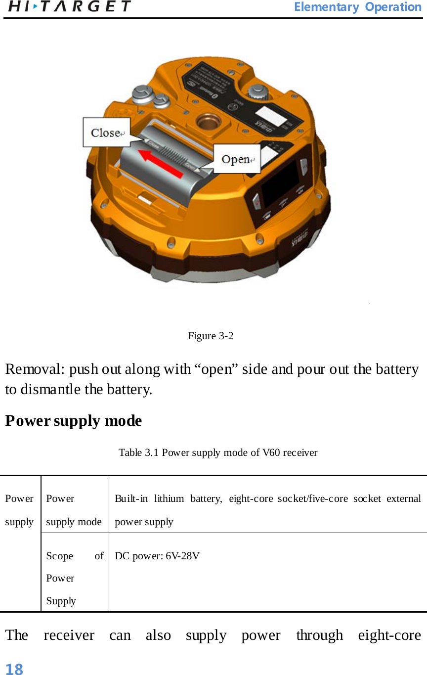       Elementary Operation  Figure 3-2   Removal: push out along with “open” side and pour out the battery to dismantle the battery.   Power supply mode   Table 3.1 Power supply mode of V60 receiver   Power supply  Power supply mode  Bu ilt-in lithium battery, eight-core socket/five-core socket external power supply   Scope of Power Supply   DC power: 6V-28V   The receiver can also supply power through eight-core 18 