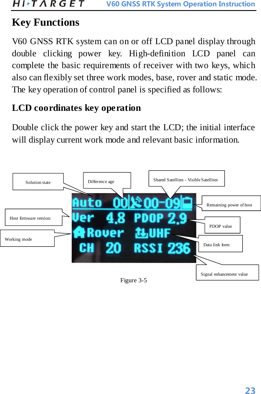          V60 GNSS RTK System Operation Instruction  Key Functions   V60 GNSS RTK system can on or off LCD panel display through double clicking power key. High-definition LCD panel can complete the basic requirements of receiver with two keys, which also can flexibly set three work modes, base, rover and static mode. The key operation of control panel is specified as follows:   LCD coordinates key operation   Double click the power key and start the LCD; the initial interface will display current work mode and relevant basic information.      Figure 3-5       Solution state   Working mode   Difference age   Shared Satellites - Visible Satellites   Remaining power of host   Data link form   PDOP value   Signal enhancement value   Host firmware version:   23 