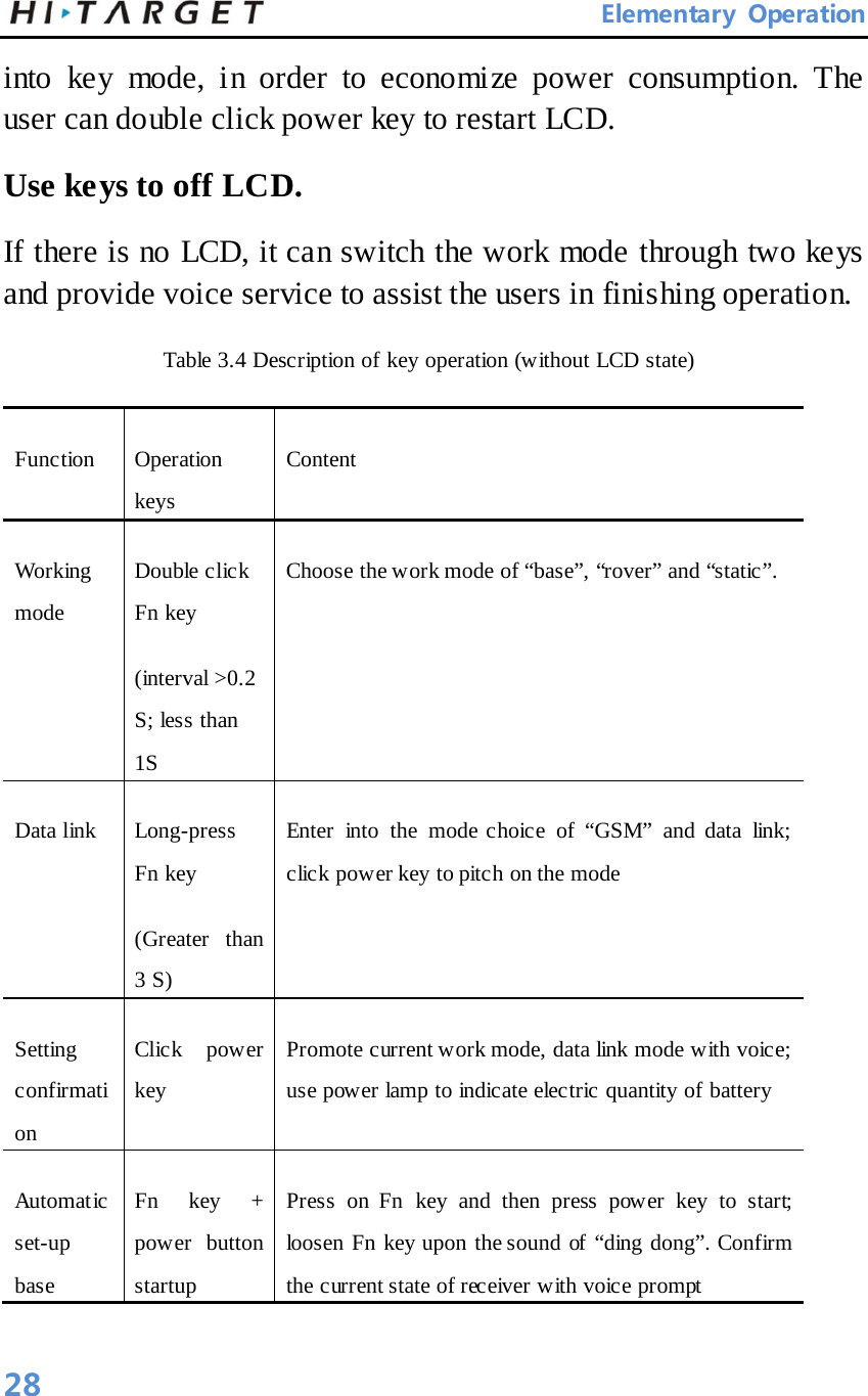       Elementary Operation into key mode, in order to economize power consumption. The user can double click power key to restart LCD.   Use keys to off LCD.   If there is no LCD, it can switch the work mode through two keys and provide voice service to assist the users in finishing operation.   Table 3.4 Description of key operation (without LCD state)   Function    Operation keys   Content   Working mode   Double click Fn key   (interval &gt;0.2S; less than 1S   Choose the work mode of “base”, “rover” and “static”.   Data link    Long-press Fn key   (Greater than 3 S)   Enter into the mode choice of “GSM” and data link; click power key to pitch on the mode   Setting confirmation   Click power key   Promote current work mode, data link mode with voice; use power lamp to indicate electric quantity of battery   Automatic set-up base   Fn key + power button startup   Press on Fn key and then press power key to start; loosen Fn key upon the sound of “ding dong”. Confirm the current state of receiver with voice prompt   28 