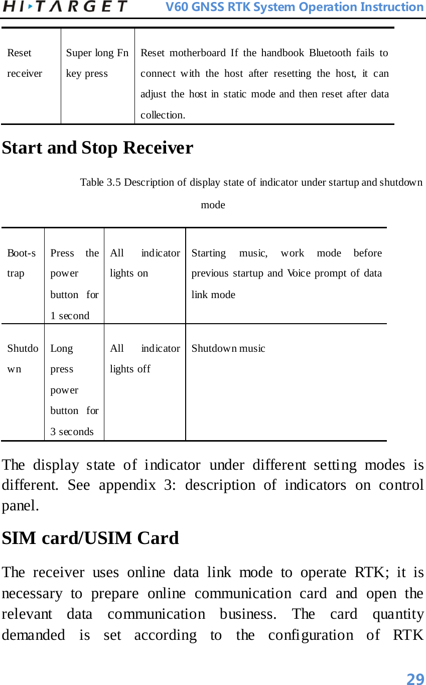          V60 GNSS RTK System Operation Instruction  Reset receiver   Super long Fn key press   Reset motherboard If the handbook Bluetooth fails to connect with the host after resetting the host, it can adjust the host in static mode and then reset after data collection.   Start and Stop Receiver   Table 3.5 Description of display state of indicator under startup and shutdown mode Boot-strap   Press the power button for 1 second   All ind icator lights on   Starting music, work mode before previous startup and Voice prompt of data link mode   Shutdown   Long press power button for 3 seconds   All ind icator lights off   Shutdown music   The display state of indicator under different setting modes is different. See appendix 3: description of indicators on control panel.   SIM card/USIM Card   The receiver uses online data link mode to operate RTK; it is necessary to prepare online communication card and open the relevant data communication business. The card quantity demanded is set according to the configuration of RTK 29 