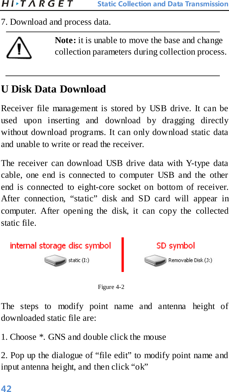 Static Collection and Data Transmission 7. Download and process data.   Note: it is unable to move the base and change collection parameters during collection process.    U Disk Data Download   Receiver file management is stored by USB drive. It can be used upon inserting and download by dragging directly without download programs. It can only download static data and unable to write or read the receiver.   The receiver can download USB drive data with Y-type data cable, one end is connected to computer USB and the other end is connected to eight-core socket on bottom of receiver. After connection, “static” disk and SD card will appear in computer. After opening the disk, it can copy the collected static file.    Figure 4-2   The steps to modify point name and antenna height of downloaded static file are:   1. Choose *. GNS and double click the mouse   2. Pop up the dialogue of “file edit” to modify point name and input antenna height, and then click “ok”       42 