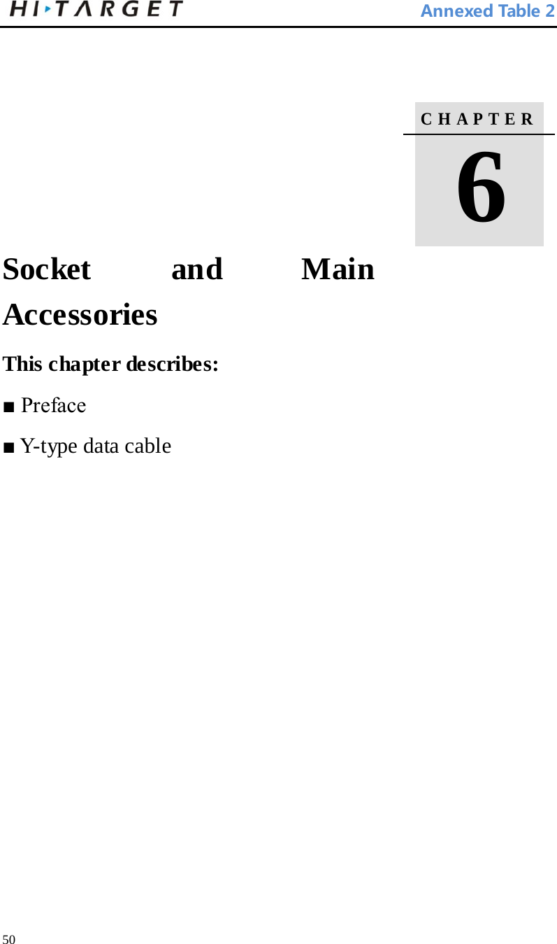  Annexed Table 2      Socket and Main Accessories   This chapter describes:   ■ Preface     ■ Y-type data cable     C H A P T E R    6   50 