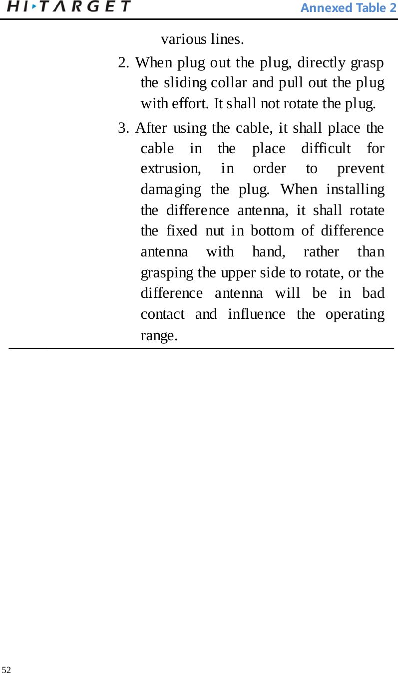  Annexed Table 2 various lines.   2. When plug out the plug, directly grasp the sliding collar and pull out the plug with effort. It shall not rotate the plug.   3. After using the cable, it shall place the cable in the place difficult for extrusion, in order to prevent damaging the plug. When installing the difference antenna, it shall rotate the fixed nut in bottom of difference antenna with hand, rather than grasping the upper side to rotate, or the difference antenna will be in bad contact and influence the operating range.     52 