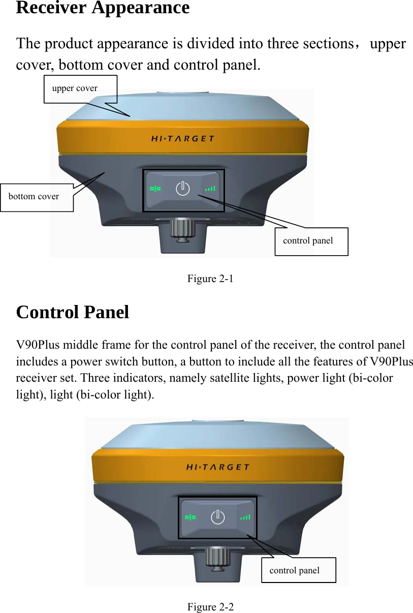 Receiver Appearance The product appearance is divided into three sections，upper cover, bottom cover and control panel.    Figure 2-1 Control Panel   V90Plus middle frame for the control panel of the receiver, the control panel includes a power switch button, a button to include all the features of V90Plus receiver set. Three indicators, namely satellite lights, power light (bi-color light), light (bi-color light).  Figure 2-2 upper cover  control panel bottom cover  control panel  