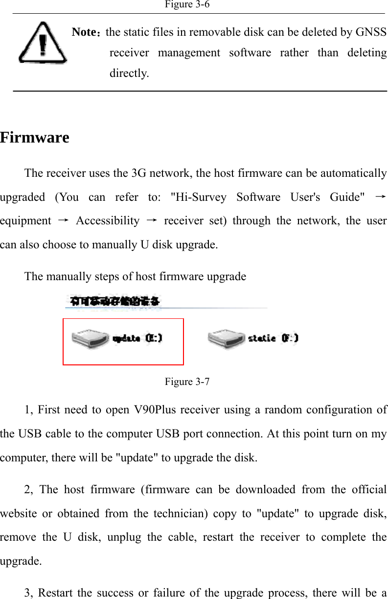 Figure 3-6 Note：the static files in removable disk can be deleted by GNSS receiver management software rather than deleting directly.    Firmware The receiver uses the 3G network, the host firmware can be automatically upgraded (You can refer to: &quot;Hi-Survey Software User&apos;s Guide&quot; → equipment  → Accessibility → receiver set) through the network, the user can also choose to manually U disk upgrade. The manually steps of host firmware upgrade  Figure 3-7 1, First need to open V90Plus receiver using a random configuration of the USB cable to the computer USB port connection. At this point turn on my computer, there will be &quot;update&quot; to upgrade the disk. 2, The host firmware (firmware can be downloaded from the official website or obtained from the technician) copy to &quot;update&quot; to upgrade disk, remove the U disk, unplug the cable, restart the receiver to complete the upgrade. 3, Restart the success or failure of the upgrade process, there will be a 