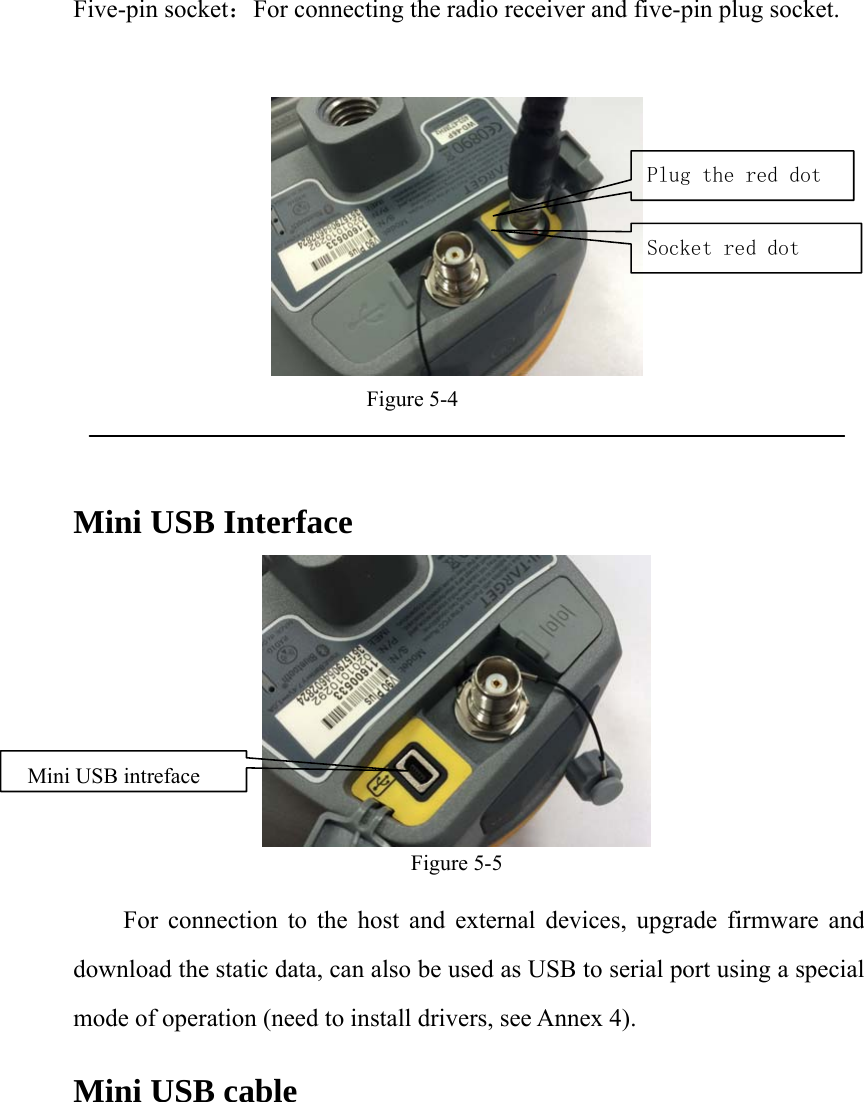 Five-pin socket：For connecting the radio receiver and five-pin plug socket.   Figure 5-4  Mini USB Interface  Figure 5-5 For connection to the host and external devices, upgrade firmware and download the static data, can also be used as USB to serial port using a special mode of operation (need to install drivers, see Annex 4). Mini USB cable Plug the red dot Socket red dot Mini USB intreface 