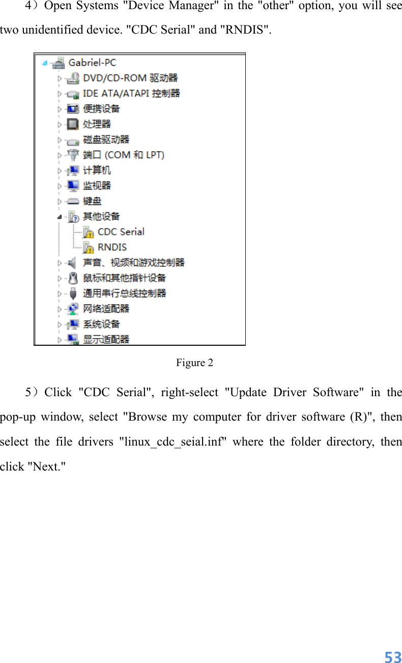  534）Open Systems &quot;Device Manager&quot; in the &quot;other&quot; option, you will see two unidentified device. &quot;CDC Serial&quot; and &quot;RNDIS&quot;.  Figure 2 5）Click &quot;CDC Serial&quot;, right-select &quot;Update Driver Software&quot; in the pop-up window, select &quot;Browse my computer for driver software (R)&quot;, then select the file drivers &quot;linux_cdc_seial.inf&quot; where the folder directory, then click &quot;Next.&quot; 