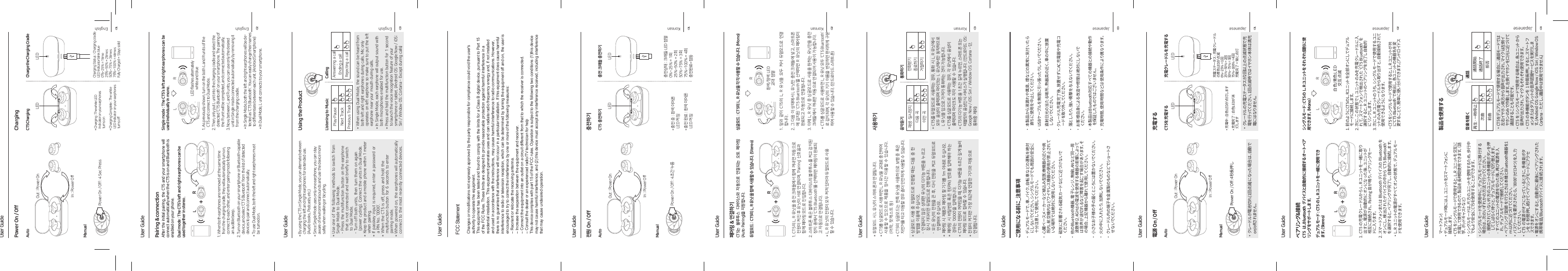 User GuideUser GuideUser GuideUser GuideUser GuideUser GuideUser GuideUser GuideUser GuideUser Guide*  シングルモードを使用中に、デュアルモードに移行する場合は、次のいずれかの方法で行ってください。-  接続されていない片方のユニットの多機能ボタンを押し て し ば ら く 待 つ と 、デ ュ ア ル モ ー ド に 切 り 替 え ま す 。-  すべてのユニットの電源を切った後、再び電源を入れ 、デ ュ ア ル モ ー ド で 接 続 し て く だ さ い 。*  ペアリング（登録）を行うときは本機とBluetooth機器を1ｍ 以 内 に 近 づ け てくだ さ い 。*  パスワードを要求されたら、&rsquo;0000&rsquo;(ゼロ4つ)を入力してくだ さい 。*  CT5 の電源がオフになっているときに、多機能ボタンを 6 秒間押し続けてペアリングモードにアクセスできます。*  電源をオンにすると、自動的に最後にペアリングされた携帯電話/Bluetoothデバイスに接続されます。L R흰색/청색 LED 교대 점멸L R白色/青色ＬＥＤ 交互点滅L RLED flashes alternately white and blue전원 On / Off電源 On / Oﬀ Power On / OffManualManualCT5 충전하기CT5 Charging*  충전 중 : 흰색 이어폰 LED 켜짐*  충전 완료 : 흰색 이어폰LED 꺼짐* Charging : The white LED Indicator on your earphones turns on*  Charging Complete : The white LED Indicator on your earphones  turns off충전하기充電するCharging충전 크래들 충전하기Charge the Charging Cradle충전상태 : 크래들 LED 점멸0%~25% = 1회25%~50% = 2회50%~75% = 3회75%~100% = 4회충전완료=점등Charging Status : Charging cradle LED Indicator blink blue0%~25% = 1time25%~50% = 2times50%~75% = 3times75%~100% = 4timesFully Charged = Stays solidPower On / Off : 4초간 누름Power On / Off : 4 Sec PressAutoAutoLEDLEDLEDLEDIn : Power OffIn : Power OffOut : Power OnOut : Power On페어링 &amp; 연결하기ペアリング&amp;接続Pairing &amp; connectionCT5는  블루투스  디바이스와  자동으로  연결되는  오토  페어링 (Auto Pairing)을 지원합니다.CT5 は、Bluetooth デバイスと自動的に接続するオートペアリングをサポートします。After the initial pairing, the CT5 and your smartphone will connect automatically when the CT5 is on and Bluetooth is enabled on your phone.듀얼모드 : CT5의 L, R 유닛을 함께 사용할 수 있습니다. (Stereo)デュアルモード : CT5 の L、R ユニットを一緒に使用できます。（Stereo）Dual mode : The CT5&rsquo;s left and right earphones can be used together in stereo.싱글모드 : CT5의 L, R 유닛을 각각 사용할 수 있습니다. (Mono)シングルモード : CT5 の L、R ユニットをそれぞれ個別に使用できます。（Mono）Single mode : The CT5&rsquo;s left and right earphones can be used individually in mono.1.  CT5의 L, R 유닛을 충전 크래들에서 함께 꺼내면 자동으로 전원이 켜진 후 유닛이 서로 연결되며, &lsquo;Pairing&rsquo; 신호음과  함께 페어링 모드로 진입합니다.2.  스마트폰 혹은 블루투스 디바이스의 블루투스를 켜고 감지된 장치 중에서 &lsquo;CT5 Bluetooth&rsquo;를 선택하면 페어링이 완료되고 자동으로 연결됩니다. *  L, R 유닛의 전원이 모두 켜져 있어야 듀얼모드로 사용할 수 있습니다.1.  CT5 の充電クレードルから L、R ユニットを一緒に取り出すと、電源が自動的にオンになった後、ユニットが相互に接続され、 Pairing 音が鳴り、ペアリングモードに 入ります。2.  スマートフォンまたは Bluetooth デバイスの Bluetooth をオンにし、検出されたデバイスの中から &lsquo;CT5 Bluetooth&rsquo;を選択すると、ペアリングが完了し、自動的に接続します。 *  L、R ユニットの電源がすべてオンの状態で、デュアルモードを使用できます。1.  When both earphones are removed at the same time from the charging cradle, they will automatically turn on, connect to each other, and enter pairing mode following an audible beep.2.  Turn on Bluetooth on your smartphone or Bluetooth-capable device, and select &lsquo;CT5 Bluetooth&rsquo; from the list of detected devices to pair and connect automatically.*  To use Dual Mode, both the left and right earphones must be turned on.1.  앞과  같이 CT5의  L,  R 유닛을  모두  켜서  듀얼모드로 연결합니다.2.  그 다음 이 상태에서 L 유닛만 충전 크래들에 넣고, 스마트폰에 감지된 &lsquo;CT5 Bluetooth&rsquo;를 선택하면 R 유닛의 페어링이 완료되고 자동으로 연결됩니다.3.  이제 L, R 유닛 중 싱글모드로 사용을 원하는 유닛만을 충전 크래들에서 꺼내면 자동으로 연결되어 사용이 가능합니다.*  CT5를 싱글모드로 사용하면 L, R 유닛 모두 &lsquo;CT5 Bluetooth&rsquo;로 감지되며, 각 유닛의 기기 이름을 변경하면 편리하게 구분하여 사용할 수 있습니다. (안드로이드 스마트폰)1.  前のようにCT5のL、Rユニットを全部オンにしてデュアルモードに 接 続します。2.  次に、この状態で L ユニットのみを充電クレードルに入れて、スマートフォンで検出された &lsquo;CT5 Bluetooth&rsquo; を選択すると、R ユニットのペアリングを完了し自動的にリンクします。3.  次に L、R ユニットのうち、シングルモードで使用するユニットのみ充電クレードルから取り出すと、自動接続されて使用できるようになります。*  CT5 をシングルモードで使用すると、L、R ユニットが共に&lsquo;CT5 Bluetooth&rsquo; で検出し、各ユニットの機器名を変更することで、簡単に使い分けできます。(アンドロイドス1.  As previously shown, turn on the both L and R units of the CT5 and connect to Dual Mode.2.  Then, only put L unit into the charging cradle and select the detected &lsquo;CT5 Bluetooth&rsquo; on your smartphone. The pairing of the R unit will be completed, and connected automatically.3.  Now, between L and R units, you can use only the desired unit in Single mode connected automatically by removing it from the charging cradle.*  In Single Mode, both the left and right earphones will be de-tected as &lsquo;CT5 Bluetooth&rsquo;. You can easily change their names to differentiate between each unit. (Android Smartphone)*  In Dual Mode, L unit connects to your smartphone.음악듣기音楽を聴くListening to Music사용하기製品を使用するUsing the Product통화하기通話Calling*  듀얼모드 시 L 유닛이 스마트폰과 연결됩니다.*  CT5를 싱글모드로 사용하면 L, R 유닛을 교대로 충전하여 사용할 수 있으므로 제품을 장시간 이용할 수 있습니다.(어학, 팟캐스트 등)*  CT5의 싱글모드는 한쪽 유닛을 사용하므로 보행 중 혹은 자전거를 타고 이동할 경우 좀더 안전하게 사용할 수 있습니다.マートフォン)*  デュアルモ ード時 には 、L  ユニットをスマートフォンに接続します。*  CT5 をシングルモードで使用すると、L、R ユニットを交互に充電して使用できるので、製品を長時間使用できます。（語学 、ポ ッ ド キ ャ ス ト な ど ）*  シングルモードは、片方のユニットを使用するため、歩行中でもより安全にCT5を使用することができます。*  By using the CT5 in Single Mode, you can alternate between charging the left and right earphones for extended use. (Audio books, Podcasts, etc.)*  Since Single Mode uses only one earphone, you can stay aware of environmental sounds and use the device more safely when walking or bicycling.*  싱글모드 사용 중 듀얼모드로 전환할 때는 다음 중 한 방법을 이용해 주십시오.-  연결되지 않은 상대편 유닛의 다기능 버튼을 누르고 잠시 기다리면 듀얼모드로 전환됩니다.-  모든 유닛의 전원을 끈 후, 다시 전원을 켜고 듀얼모드로 연결하여 주십시오.*  페어링 시 제품과 페어링 할 기기를 1m 이내로 두십시오.*  페어링 시 비밀번호  혹은 핀(PIN) 번호를 입력해야 하는 경우는 &lsquo;0000&rsquo;을 입력합니다.*  CT5의 전원이 꺼져있을 때, 다기능 버튼을 6초간 길게 눌러 페어링 모드로 접속할 수 있습니다.*  전원이 켜지면 가장 최근에 연결한 기기와 자동으로 연결됩니다.*  Use one of  the following methods to switch from Single Mode to  Dual Mode.-  Press the multifunction button on the earphone that is not connected and wait briefly to switch to Dual Mode.-  Turn off both units, then turn them on again (power cycling). Connect the units in Dual Mode.*  Keep the product and a mobile phone within 1 meterwhen pairing.*  If passkey input is required, enter  a password or a PIN No.  &lsquo;0000&rsquo;.*  When the CT5 is off, press  and hold the multifunction button for  6 seconds to enter pairing mode.*  When powered on, the earphones will automatically connect to the  most recently connected devices.*  CT5를 듀얼모드로 사용하는 경우, 통화 시 L, R 유닛에서 모두 음성이 출력되며 마이크는 L 유닛에서만 동작하므로 L 유닛을 입으로 가져가 통화하는 것이 가능합니다.*  CT5를 싱글모드로 사용하는 경우, 각 유닛에서 음성이 출력되며 마이크도 각각 사용할 수 있습니다.*  CT5의 다기능 버튼을 1초간 길게 누르면, 스마트폰 또는 태블릿의 음성인식 서비스가 실행됩니다. (안드로이드 OS: Google Now / iOS: Siri / Window OS: Cortana &ndash; 단, 통화중 제외)*  CT5をデュアルモードで使用する場合に、通話モードでは左右イヤホン両方から音声が出力され、マイクは左側イヤホンのみで作動します。左側イヤホンを口元に近づけて通話することも可 能です。*  CT5 をシングルモードで使用する場合は、各ユニットから音声が出力され、マイクもそれぞれ使用できます。*  CT5 の多機能ボタンを 1 秒間長押しすると、スマートフォンまたはタブレットの音声認識サービスを実行します。(Android OS: Google Now / iOS: Siri / Window OS: Cortana - ただし、通話中は使用できません)*  When using Dual Mode, the sound can be heard from both left and right earphones during calls. Mic only operates on left earphone so make sure to put the left earphone near your mouth during calls. *  In Single Mode, each earphone will output sound with both microphones enabled for use.*  Press and hold the multifunction button for 1 second to launch the voice recognition feature of your smartphone or tablet. (Android OS: Google Now / iOS: Siri / Window OS: Cortana - Except during calls)전화받기&middot;종료하기거절하기通話開始&middot;通話終了拒否Answering a call&middot;Ending a callRejecting a call재생&middot;일시정지다음 곡이전 곡再生&middot;一時停止次曲前曲Play&middot;PauseNext TrackPrevious TrackEnglishKoreanJapanese EnglishKoreanJapanese EnglishKorean0101010202020303Japanese03+++LLLRRRJapanese00ご使用になる前に_注意事項・   デュアルモードで、車、バイク、自転車などの運転を絶対にしないでください。シングルモードでも周囲の安全に十分注意して使用してください。 ・   心臓ペースメーカーなど植込み型医療機器の近くや病院内、航空機内などワイヤレス機器の使用が禁止されている場所では絶対に使用しないでください。・   磁気に影響される磁気カードなどに近づけないでく だ さ い 。 ・   他のBluetooth機器、電子レンジ、無線LANなど同一周波数帯(2.4GHz)の電波を使用する機器の影響によっては音声が途切れるなど障害を起こす場合があります。その場合、上記機器から離れて使用してください。・   小さなお子様の手の届くところには置かないでください。・   火の中に入れたり、加熱しないでください。・   クレードル内の端子を金属製のものなどでショートさせ な いでくだ さ い 。・   本製品から液漏れや異臭、煙などの異常に気付いたら直ちに使用を中止してください。・   USBケーブルを無理に引っ張ったりしないでください。・   直射日光の当たる場所、熱器具の近く、車の中に放置し な いでくだ さ い 。・   クレードル充電完了後、放置せずにAC充電器や充電コー ドを 取 り 外 してく だ さ い 。・   落としたり、強い衝撃を与えないでください。 ・   お客様自身による改造や修理は絶対にしないでくだ さ い 。・   本製品はBluetooth対応すべての機器との接続や動作を保証したものではございません。・   充電時間、使用時間などは使用条件により異なります。 ManualCT5を充電する*  充電中 : 白色LEDが点灯します*  充電完了 : 白色LEDが消灯します充電クレードルを充電する充電ステータス : 充電クレードルの青色LEDが点滅0%~25% = 1回25%~50% = 2回50%~75% = 3回75%~100% = 4回充電完了 = 常に点灯Power On / Oﬀ  : 4秒長押しAutoLED LEDIn : Power OffOut : Power On*  クレードルの充電ステータスが2回以上の点滅状態で充電を行ってください。1回点滅時ではイヤホン本体は満充電には なりません。*  クレードルが電池切れ(1回点滅)になった場合は、自動でon/oﬀされません。Changes or modifications not expressly approved by the party responsible for compliance could void the user's authority to operate the equipment.This equipment has been tested and found to comply with the limits for a Class B digital device, pursuant to Part 15 of the FCC Rules. These limits are designed to provide reasonable protection against harmful interference in a residential installation. This equipment generates uses and can radiate radio frequency energy and, if not installed and used in accordance with the instructions, may cause harmful interference to radio communications. However, there is no guarantee that interference will not occur in a particular installation. If this equipment does cause harmful interference to radio or television reception, which can be determined by turning the equipment off and on, the user is encouraged to try to correct the interference by one or more of the following measures:-- Reorient or relocate the receiving antenna.-- Increase the separation between the equipment and receiver.-- Connect the equipment into an outlet on a circuit different from that to which the receiver is connected.-- Consult the dealer or an experienced radio/TV technician for helpThis device complies with part 15 of the FCC rules. Operation is subject to the following two conditions (1)this device may not cause harmful interference, and (2) this device must accept any interference received, including interference that may cause undesired operation.FCC StatementUser Guide