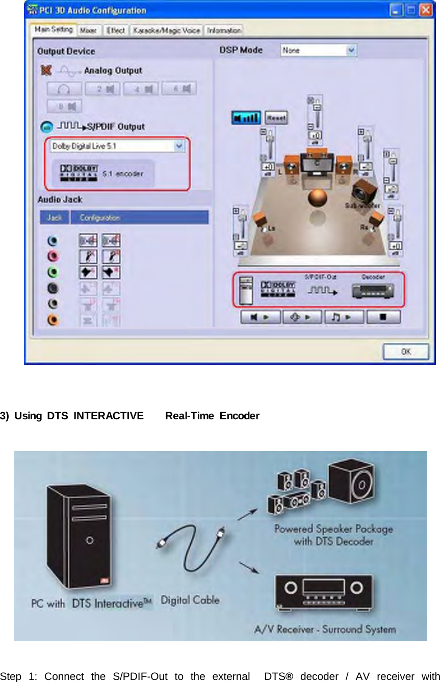 3) Using DTS INTERACTIVE Real-Time EncoderStep 1: Connect the S/PDIF-Out to the external DTS&reg;decoder / AV receiver with