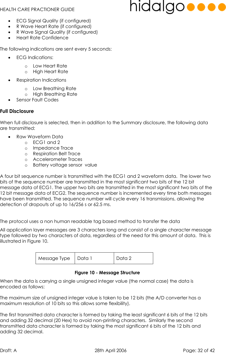   HEALTH CARE PRACTIONER GUIDE  Draft: A   28th April 2006   Page: 32 of 42 •  ECG Signal Quality (if configured) •  R Wave Heart Rate (if configured) •  R Wave Signal Quality (if configured) •  Heart Rate Confidence  The following indications are sent every 5 seconds: •  ECG Indications: o  Low Heart Rate o  High Heart Rate •  Respiration Indications o  Low Breathing Rate o  High Breathing Rate •  Sensor Fault Codes Full Disclosure When full disclosure is selected, then in addition to the Summary disclosure, the following data are transmitted: •  Raw Waveform Data o  ECG1 and 2 o  Impedance Trace o  Respiration Belt Trace o  Accelerometer Traces o  Battery voltage sensor  value  A four bit sequence number is transmitted with the ECG1 and 2 waveform data.  The lower two bits of the sequence number are transmitted in the most significant two bits of the 12 bit message data of ECG1. The upper two bits are transmitted in the most significant two bits of the 12 bit message data of ECG2. The sequence number is incremented every time both messages have been transmitted. The sequence number will cycle every 16 transmissions, allowing the detection of dropouts of up to 16/256 s or 62.5 ms.   The protocol uses a non human readable tag based method to transfer the data  All application layer messages are 3 characters long and consist of a single character message type followed by two characters of data, regardless of the need for this amount of data.  This is illustrated in Figure 10.  Message Type  Data 1  Data 2  Figure 10 - Message Structure When the data is carrying a single unsigned integer value (the normal case) the data is encoded as follows: The maximum size of unsigned integer value is taken to be 12 bits (the A/D converter has a maximum resolution of 10 bits so this allows some flexibility). The first transmitted data character is formed by taking the least significant 6 bits of the 12 bits and adding 32 decimal (20 Hex) to avoid non-printing characters.  Similarly the second transmitted data character is formed by taking the most significant 6 bits of the 12 bits and adding 32 decimal. 