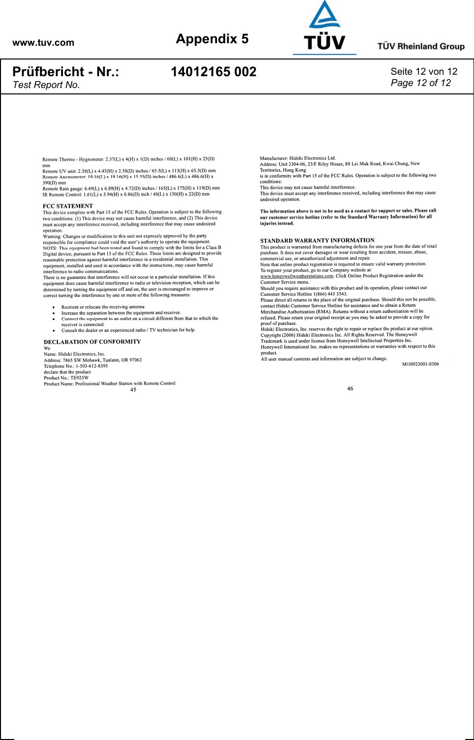 www.tuv.com Appendix 5 Prüfbericht - Nr.: Test Report No. 14012165 002  Seite 12 von 12 Page 12 of 12    