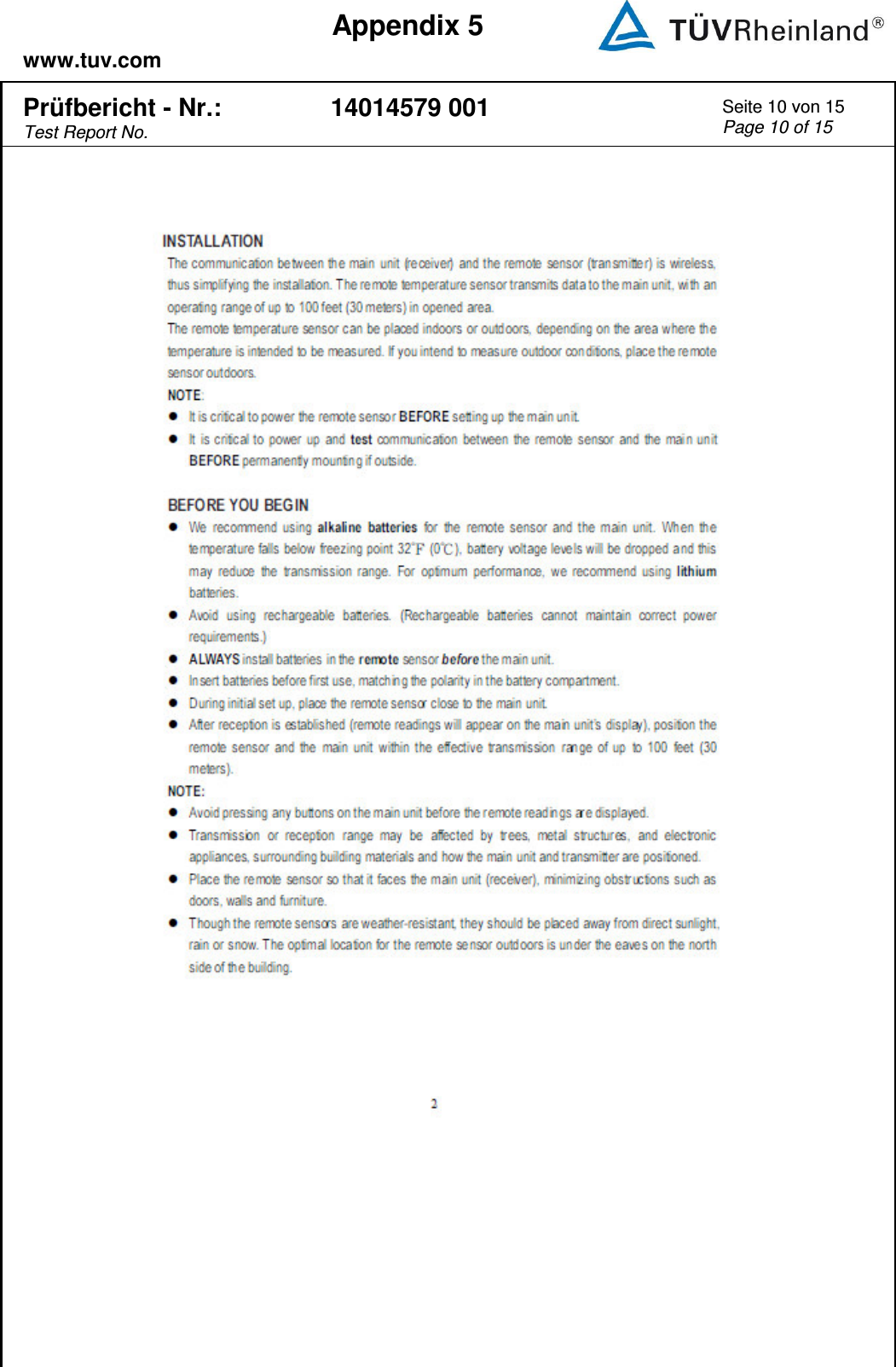    www.tuv.com  Appendix 5  Prüfbericht - Nr.: Test Report No. 14014579 001 Seite 10 von 15 Page 10 of 15     