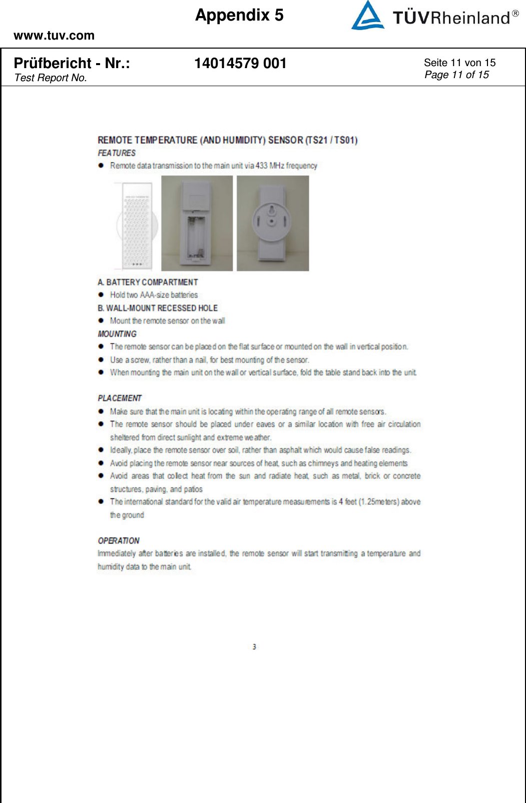   www.tuv.com  Appendix 5  Prüfbericht - Nr.: Test Report No. 14014579 001 Seite 11 von 15 Page 11 of 15     