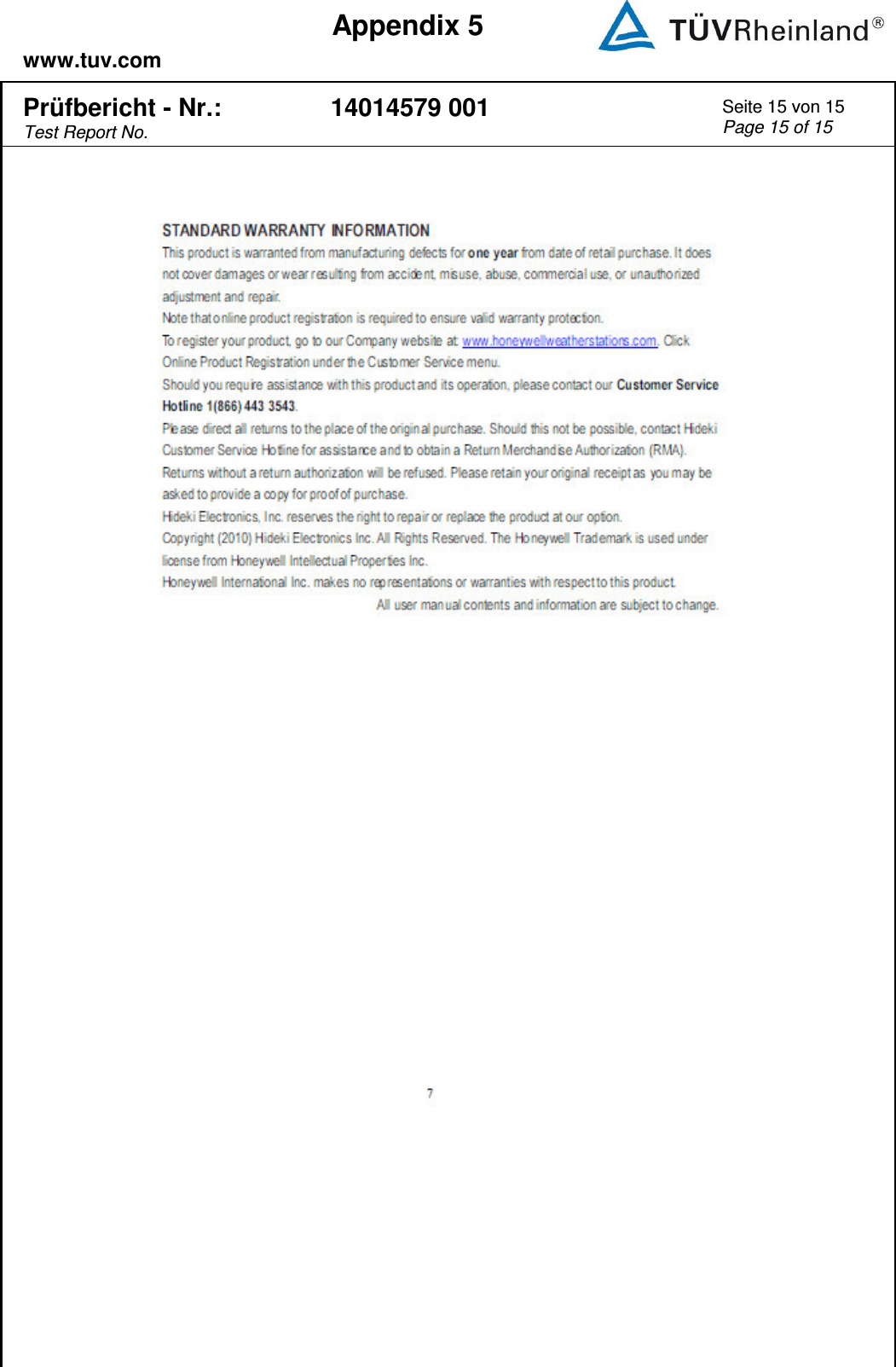    www.tuv.com  Appendix 5  Prüfbericht - Nr.: Test Report No. 14014579 001 Seite 15 von 15 Page 15 of 15     