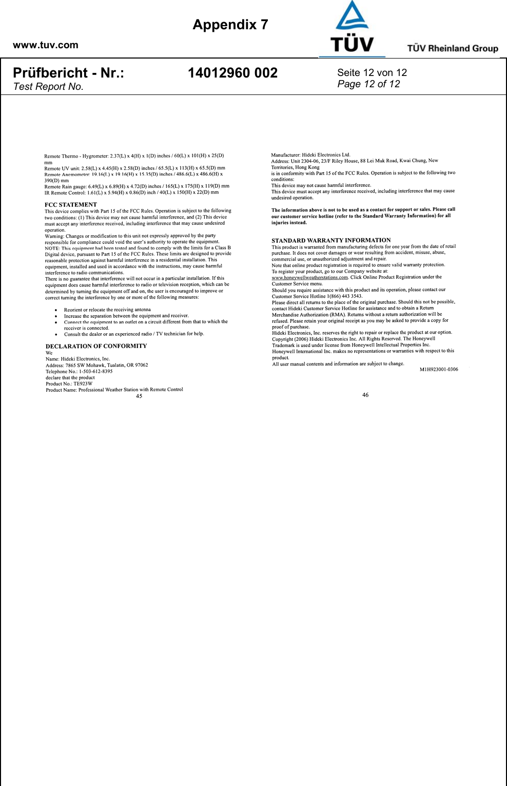    www.tuv.com  Appendix 7 Prüfbericht - Nr.: Test Report No. 14012960 002  Seite 12 von 12 Page 12 of 12   